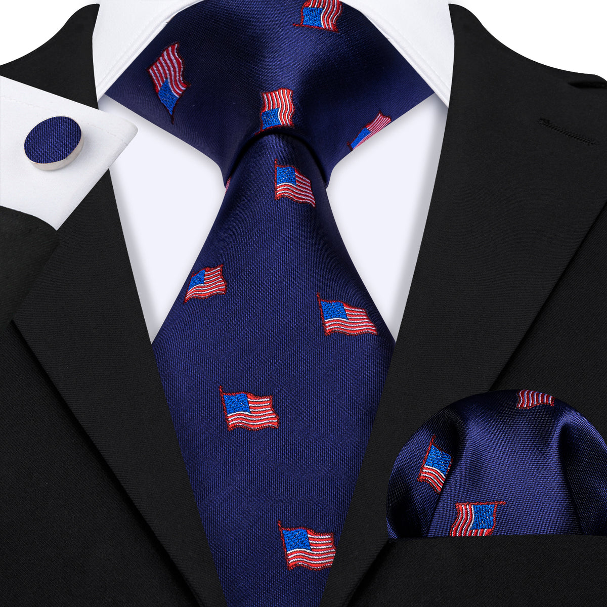 Blue Red American Flag Pattern Tie, Pocket Square and Cufflinks Set tie sets - Sophisticated Gentlemen