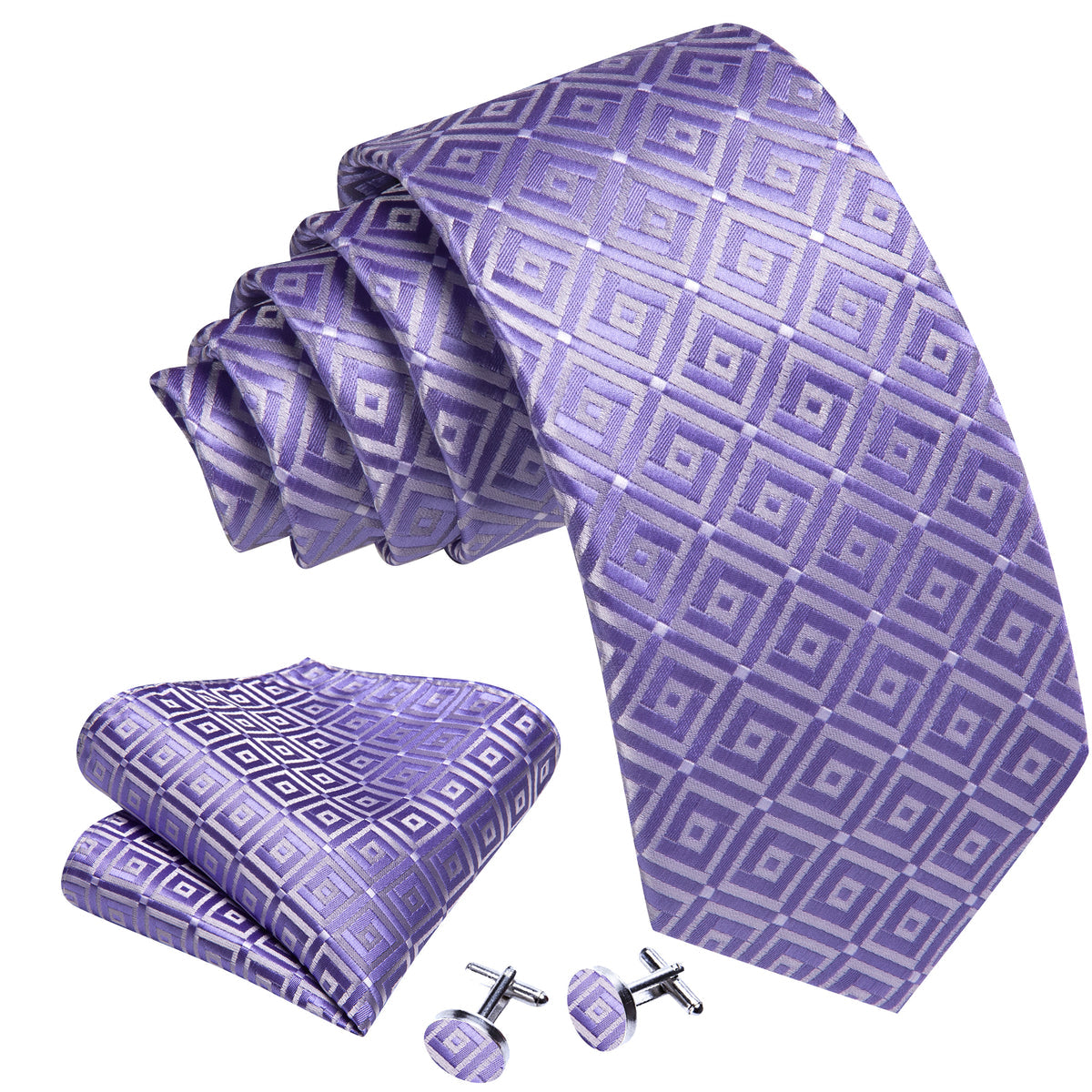 Purple White Plaid Silk Tie, Pocket Square and Cufflinks Set tie sets - Sophisticated Gentlemen