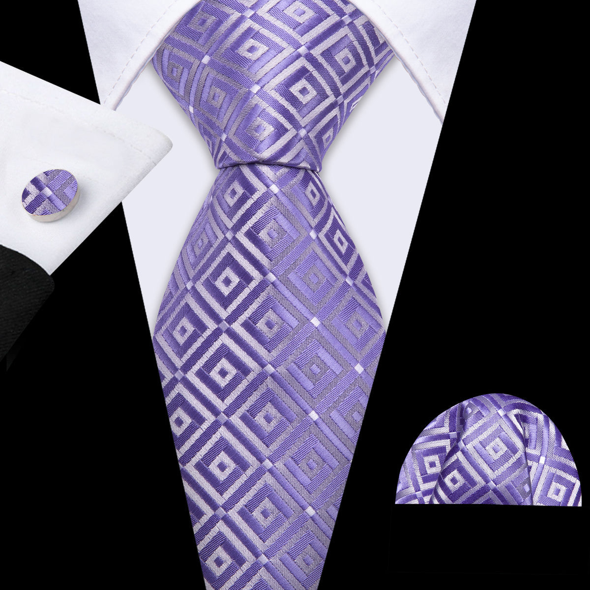 Purple White Plaid Silk Tie, Pocket Square and Cufflinks Set tie sets - Sophisticated Gentlemen