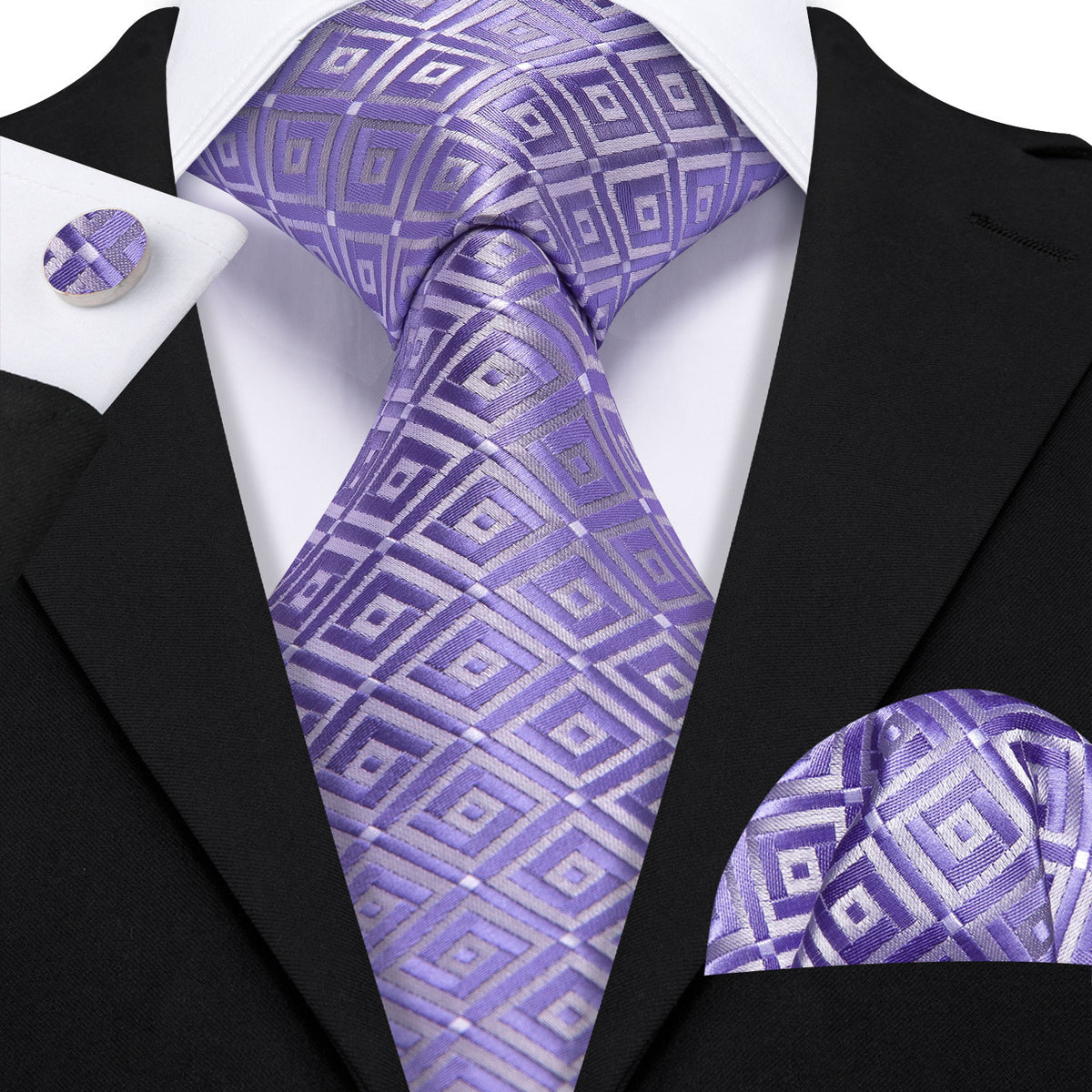 Purple White Plaid Silk Tie, Pocket Square and Cufflinks Set tie sets - Sophisticated Gentlemen