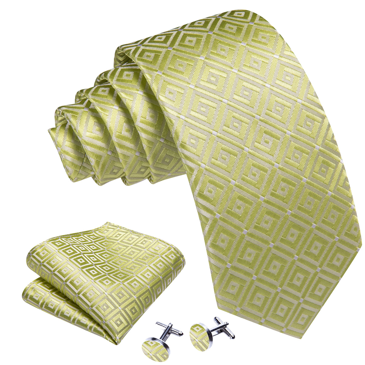 Yellow Green Novetly Plaid Silk Tie, Pocket Square and Cufflinks Set tie sets - Sophisticated Gentlemen