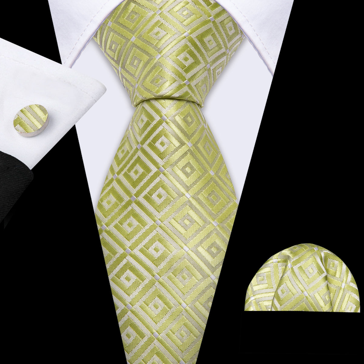 Yellow Green Novetly Plaid Silk Tie, Pocket Square and Cufflinks Set tie sets - Sophisticated Gentlemen