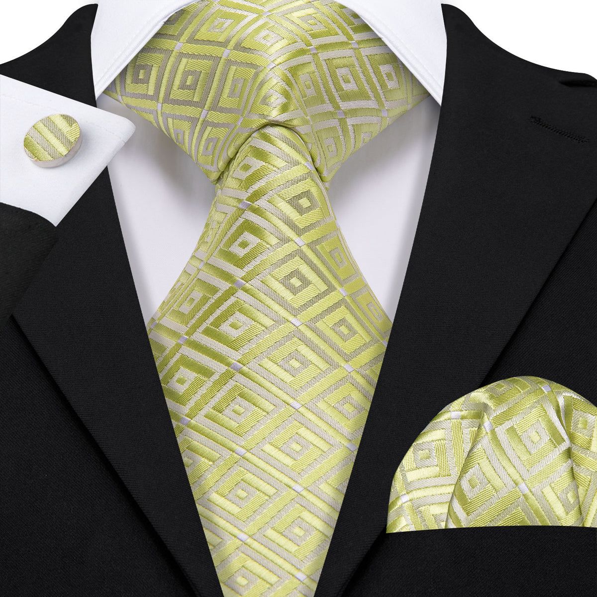 Yellow Green Novetly Plaid Silk Tie, Pocket Square and Cufflinks Set tie sets - Sophisticated Gentlemen