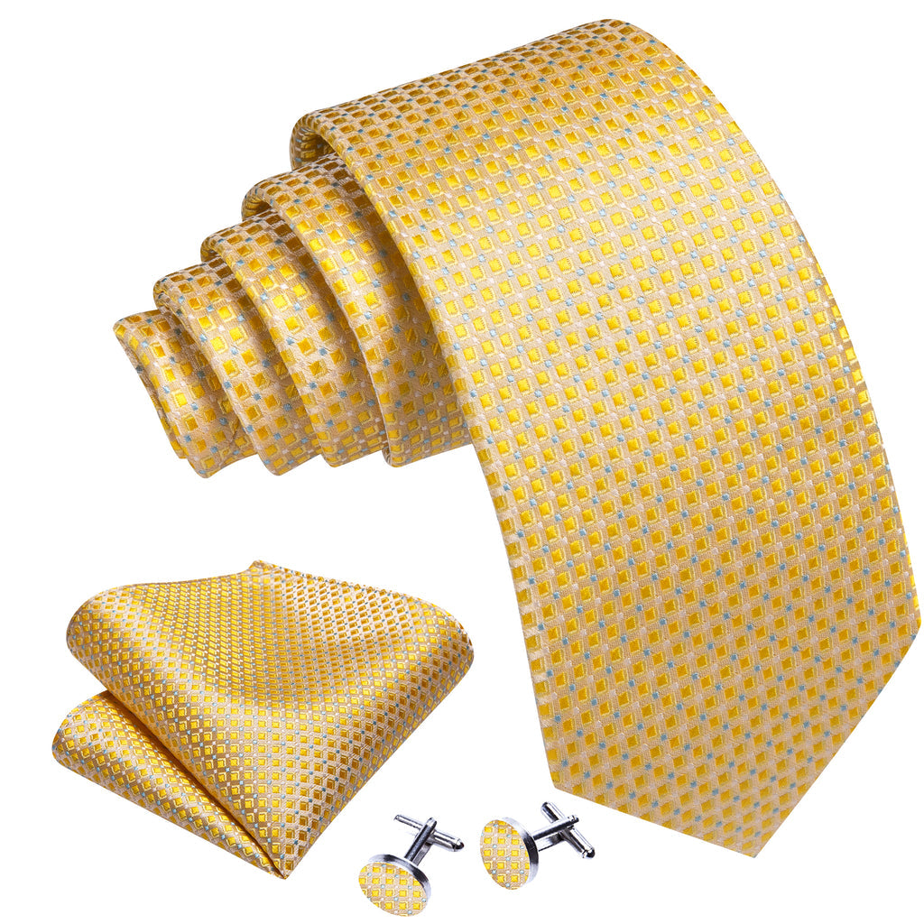 Gold Novelty Plaid Silk Tie, Pocket Square and Cufflinks Set tie sets - Sophisticated Gentlemen