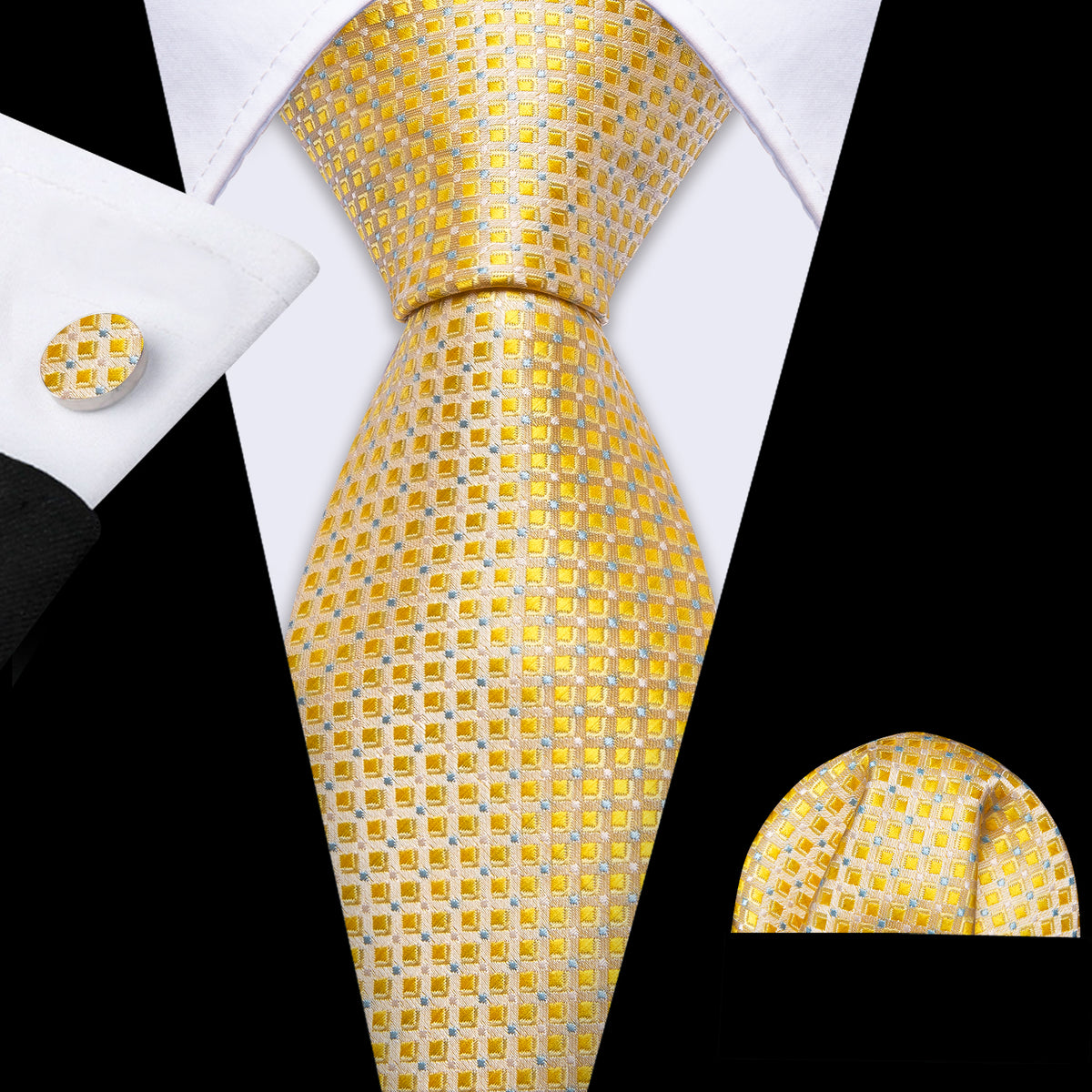 Gold Novelty Plaid Silk Tie, Pocket Square and Cufflinks Set tie sets - Sophisticated Gentlemen