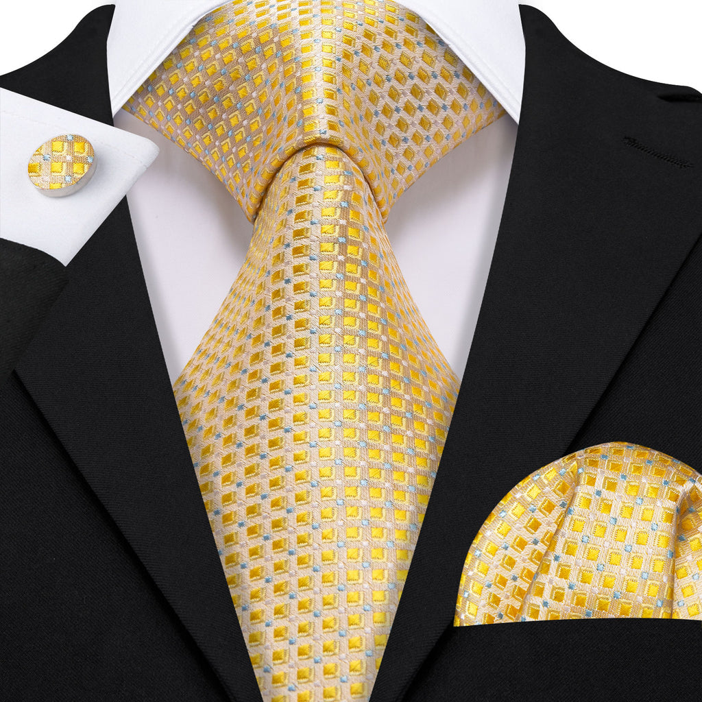 Gold Novelty Plaid Silk Tie, Pocket Square and Cufflinks Set tie sets - Sophisticated Gentlemen