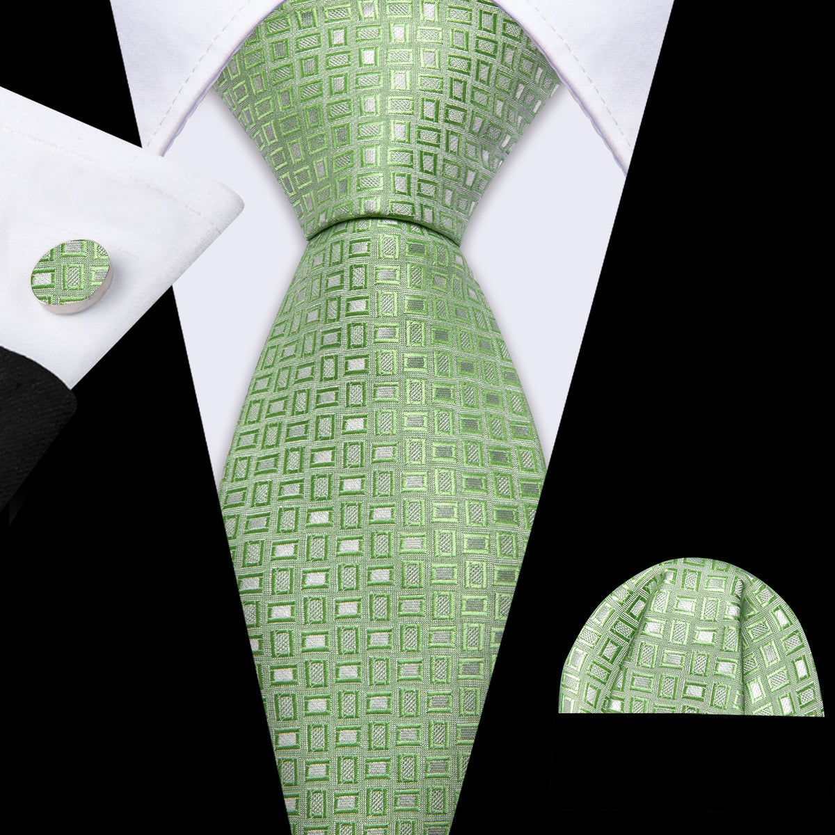 Green Plaid Silk Tie, Pocket Square and Cufflinks Set tie sets - Sophisticated Gentlemen