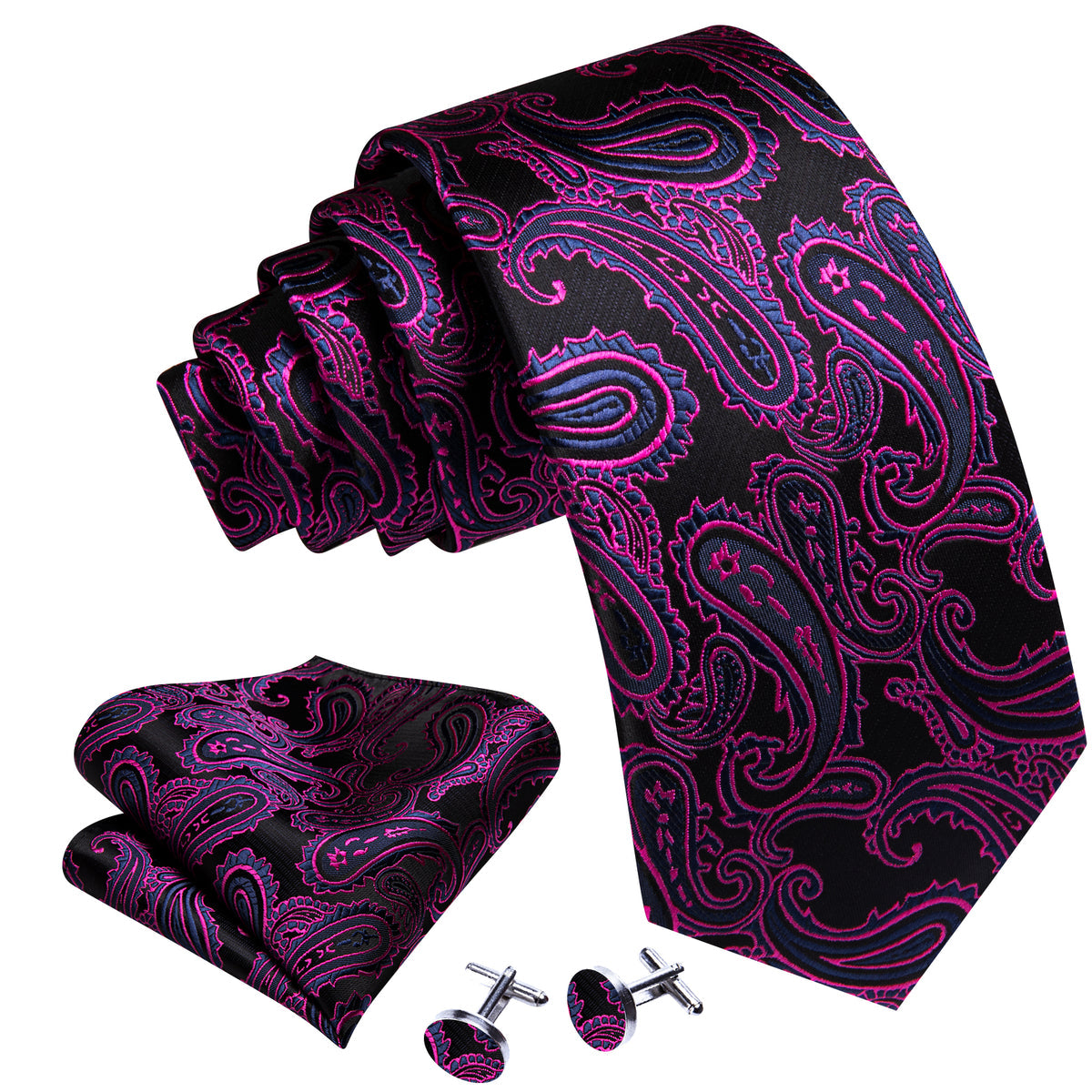 Purple Violet Black Silk Tie, Pocket Square and Cufflinks Set tie sets - Sophisticated Gentlemen