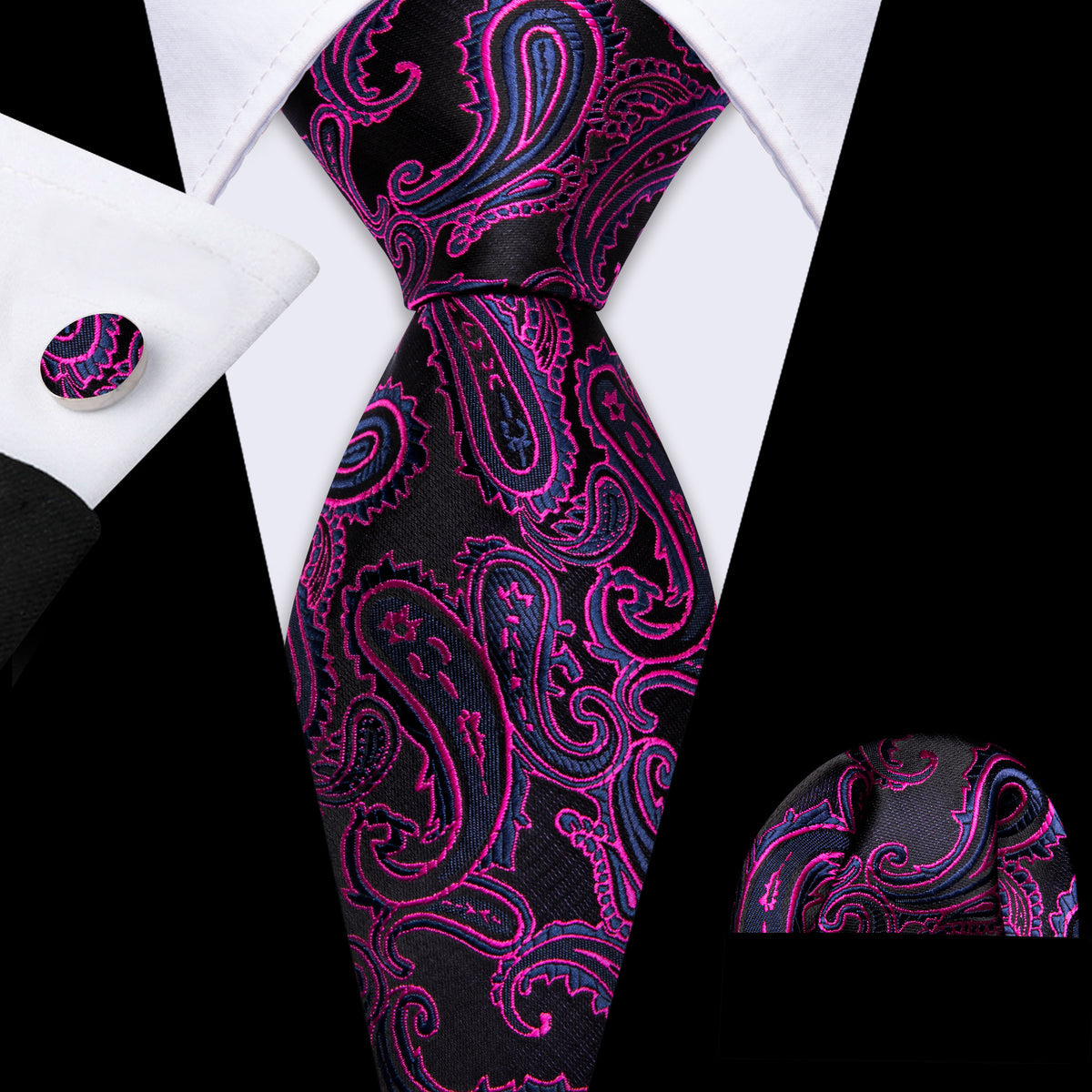 Purple Violet Black Silk Tie, Pocket Square and Cufflinks Set tie sets - Sophisticated Gentlemen