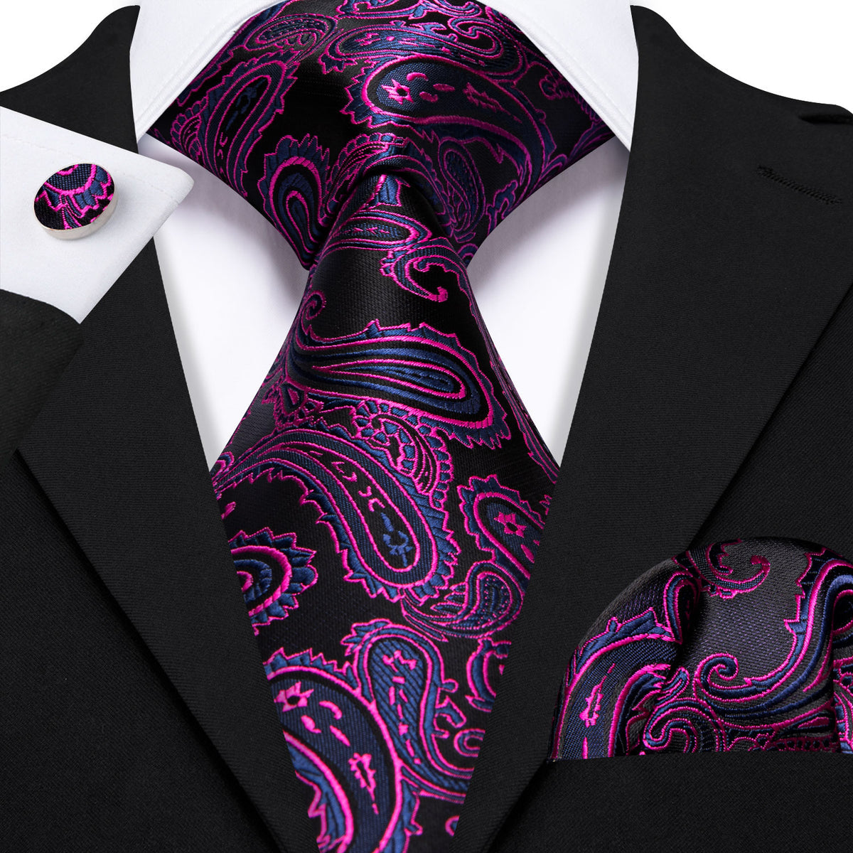 Purple Violet Black Silk Tie, Pocket Square and Cufflinks Set tie sets - Sophisticated Gentlemen