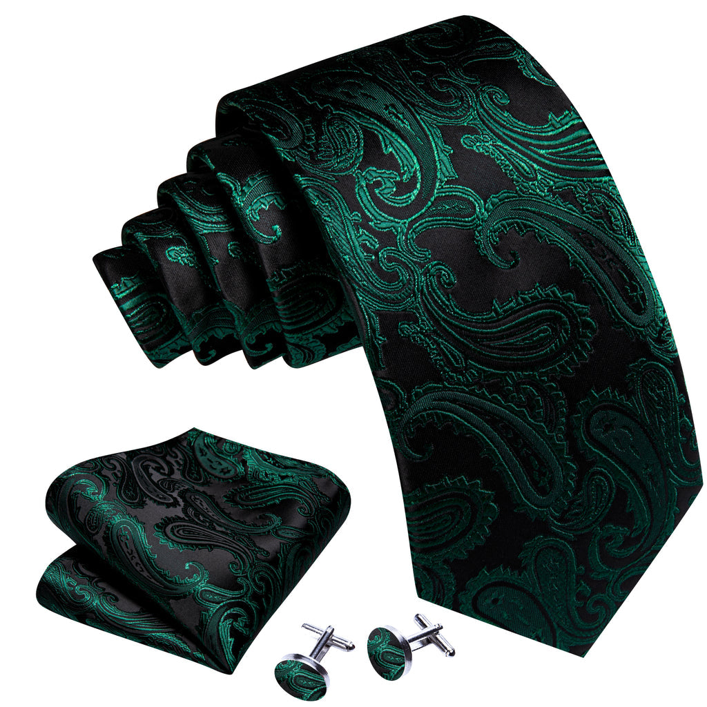 Dark Green Paisley Silk Tie, Pocket Square and Cufflinks Set tie sets - Sophisticated Gentlemen