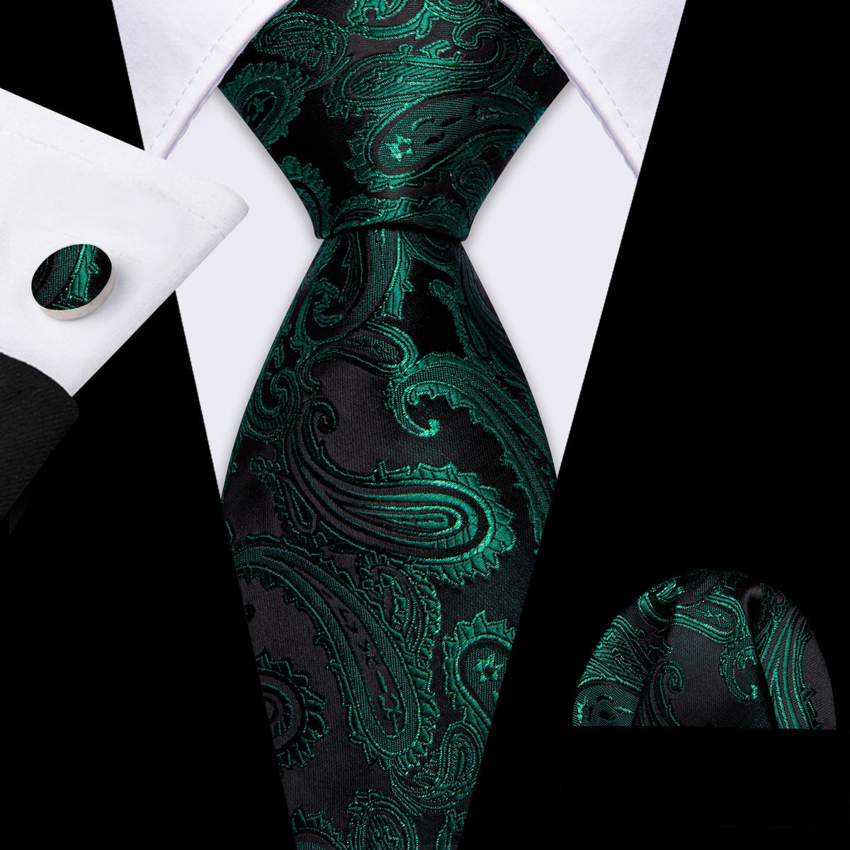 Dark Green Paisley Silk Tie, Pocket Square and Cufflinks Set tie sets - Sophisticated Gentlemen