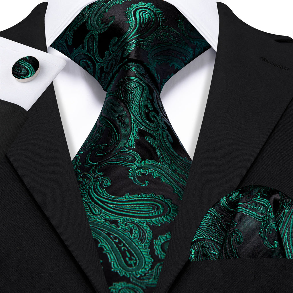 Dark Green Paisley Silk Tie, Pocket Square and Cufflinks Set tie sets - Sophisticated Gentlemen