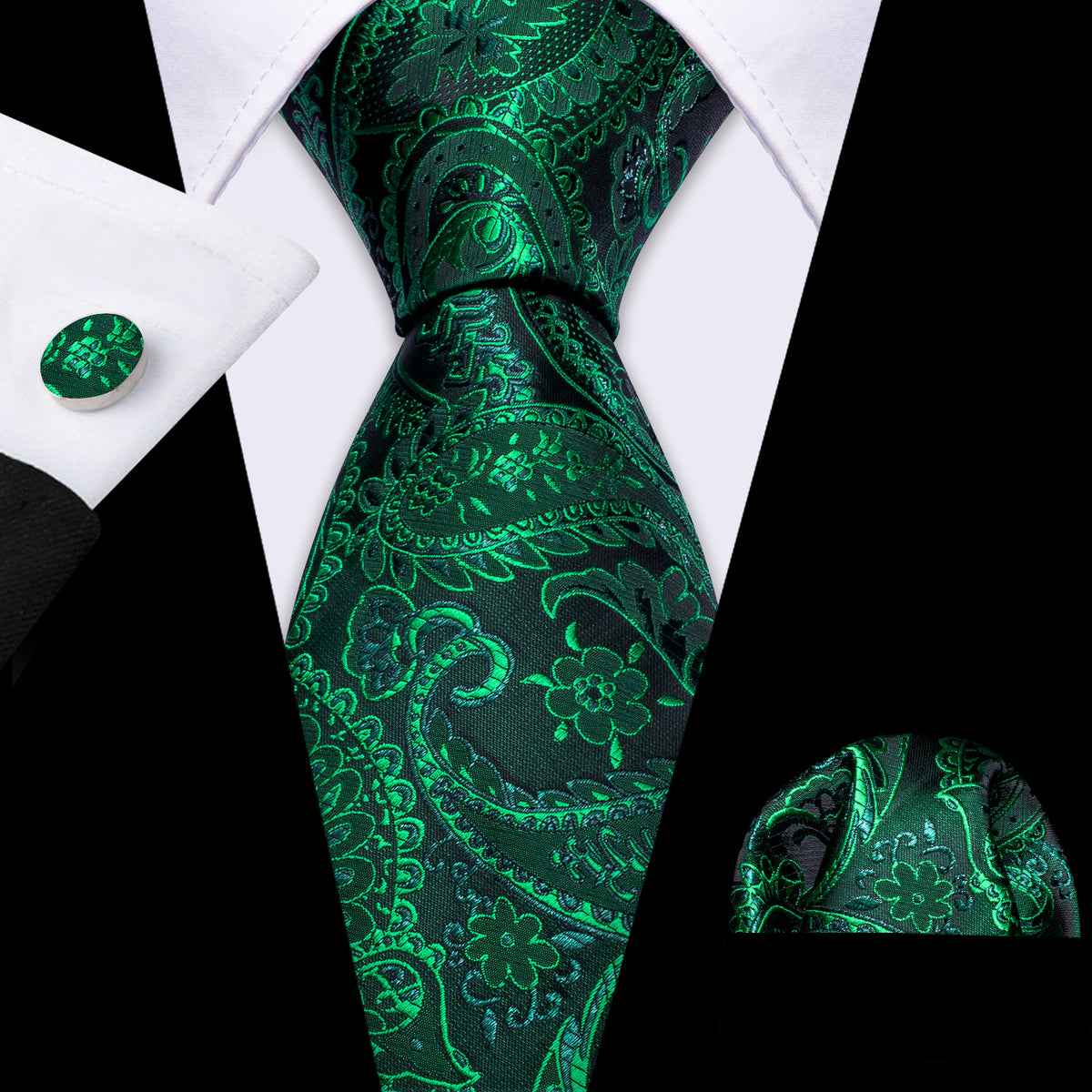 Green Paisley Tie, Pocket Square and Cufflinks Set tie sets - Sophisticated Gentlemen