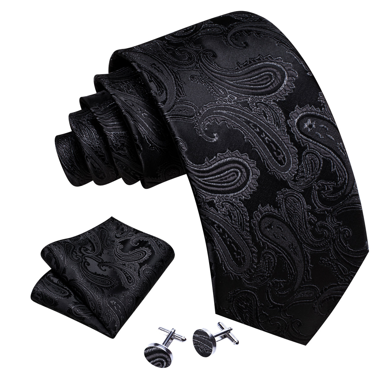 Black Men's Paisley Silk Tie, Pocket Square and Cufflinks Set tie sets - Sophisticated Gentlemen