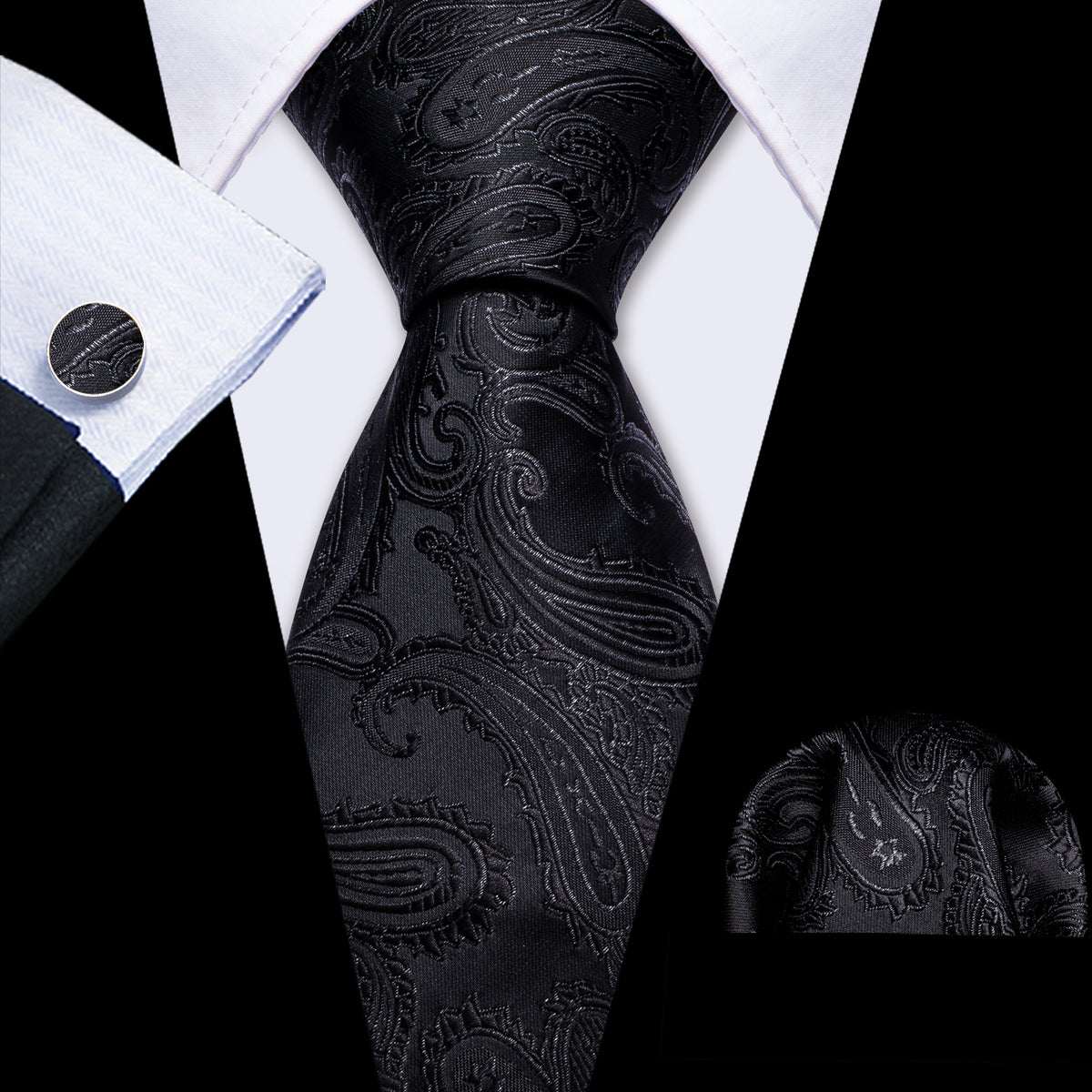 Black Men's Paisley Silk Tie, Pocket Square and Cufflinks Set tie sets - Sophisticated Gentlemen