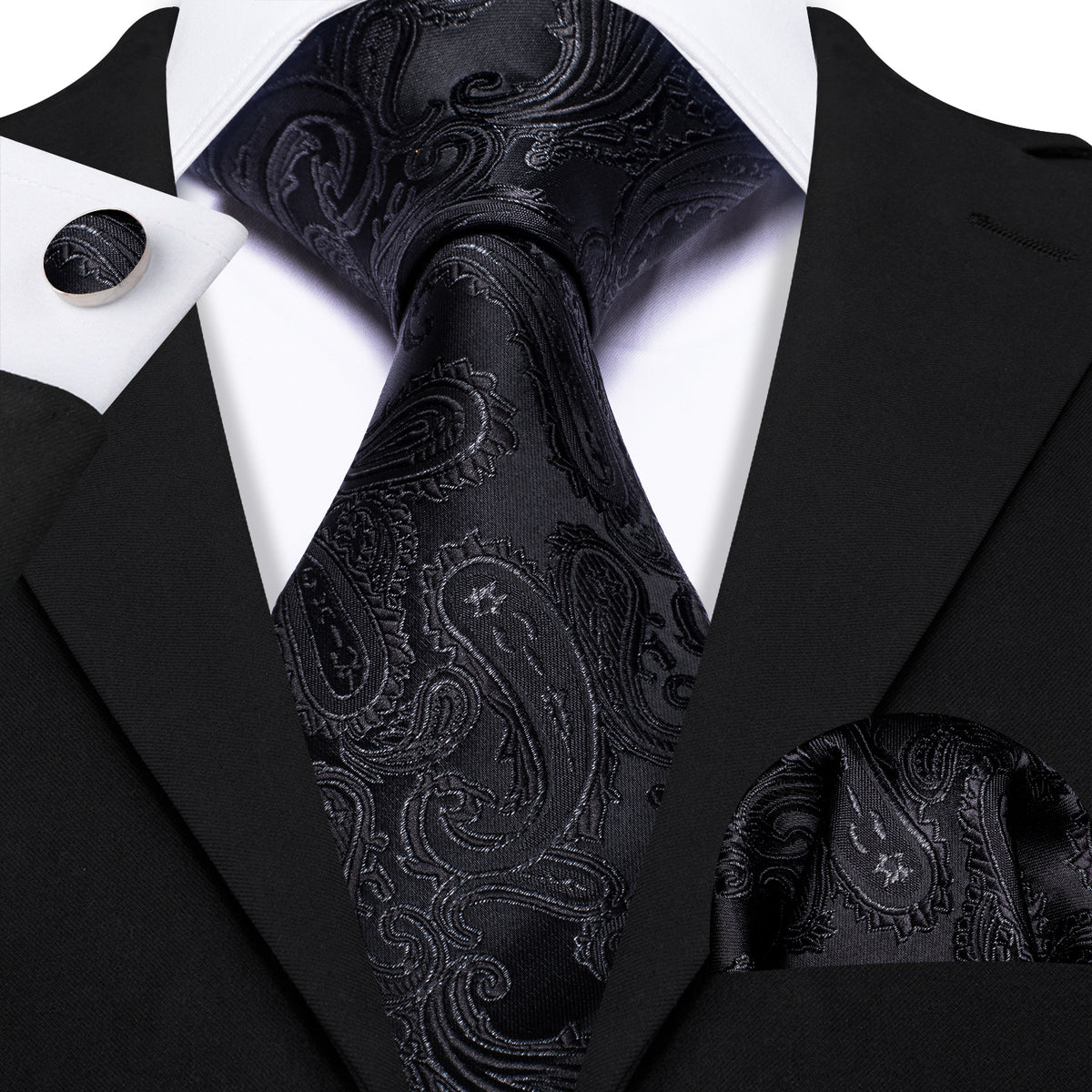 Black Men's Paisley Silk Tie, Pocket Square and Cufflinks Set tie sets - Sophisticated Gentlemen