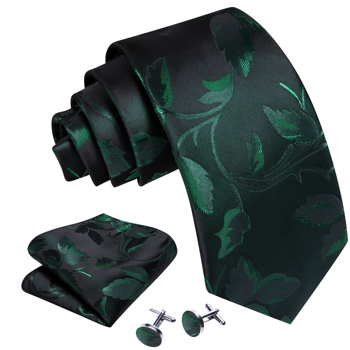 Black Green Floral Silk Tie, Pocket Square and Cufflinks Set tie sets - Sophisticated Gentlemen