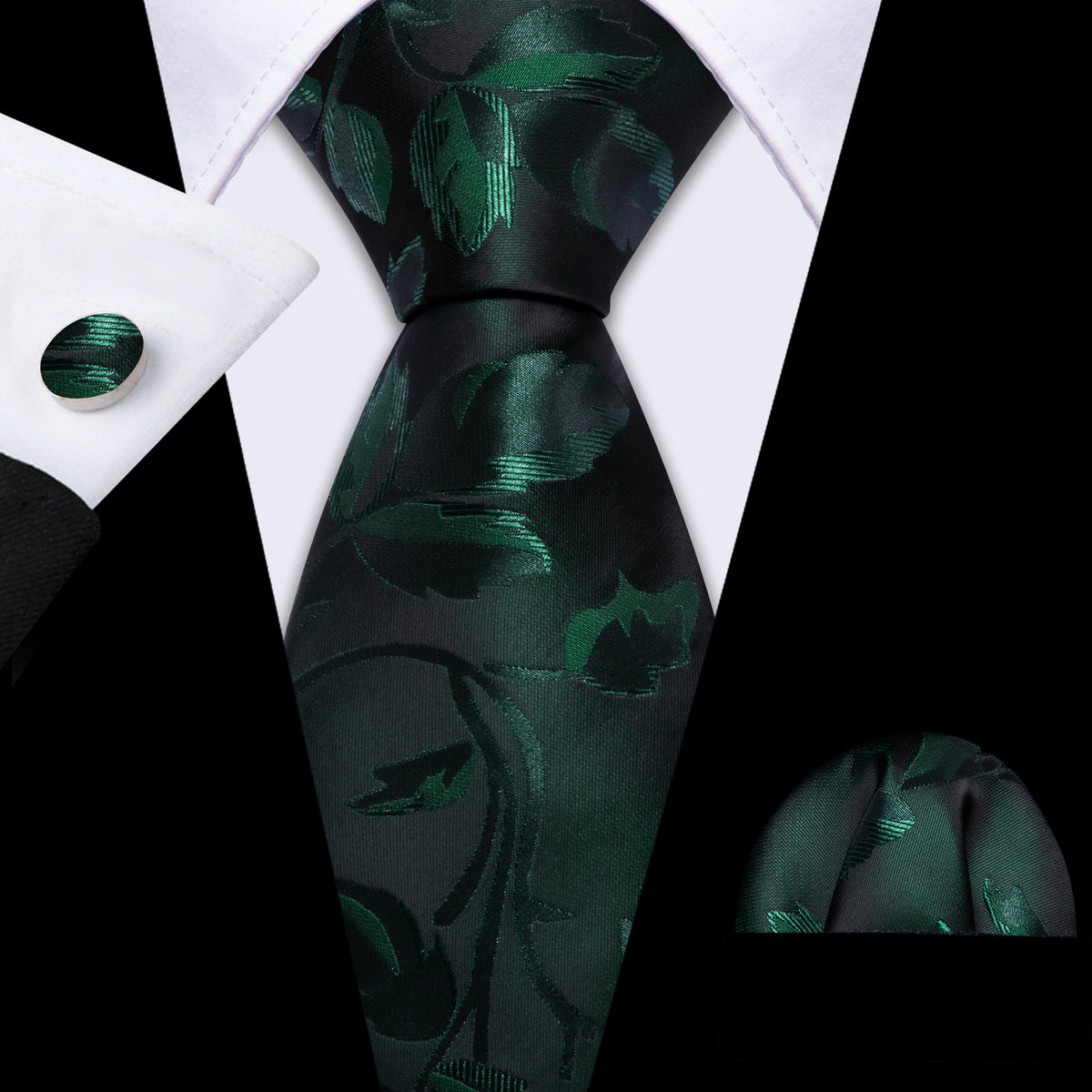 Black Green Floral Silk Tie, Pocket Square and Cufflinks Set tie sets - Sophisticated Gentlemen