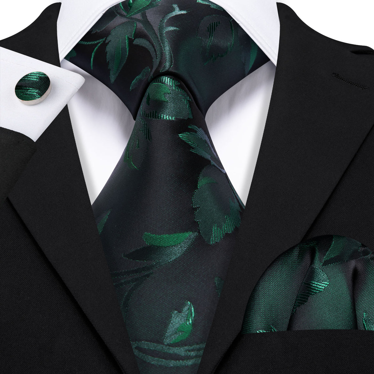 Black Green Floral Silk Tie, Pocket Square and Cufflinks Set tie sets - Sophisticated Gentlemen