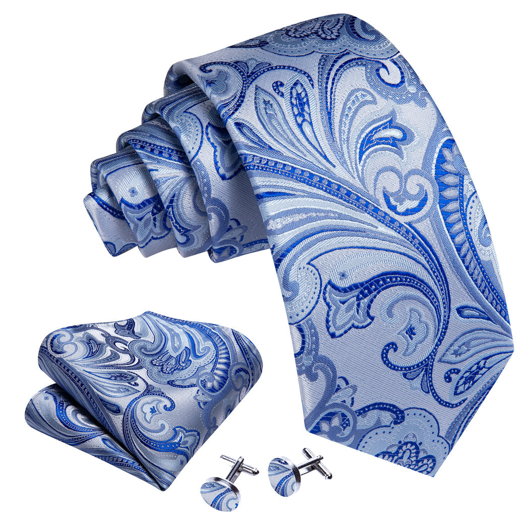 Light Blue Silver Paisley Silk Tie, Pocket Square and Cufflinks Set tie sets - Sophisticated Gentlemen