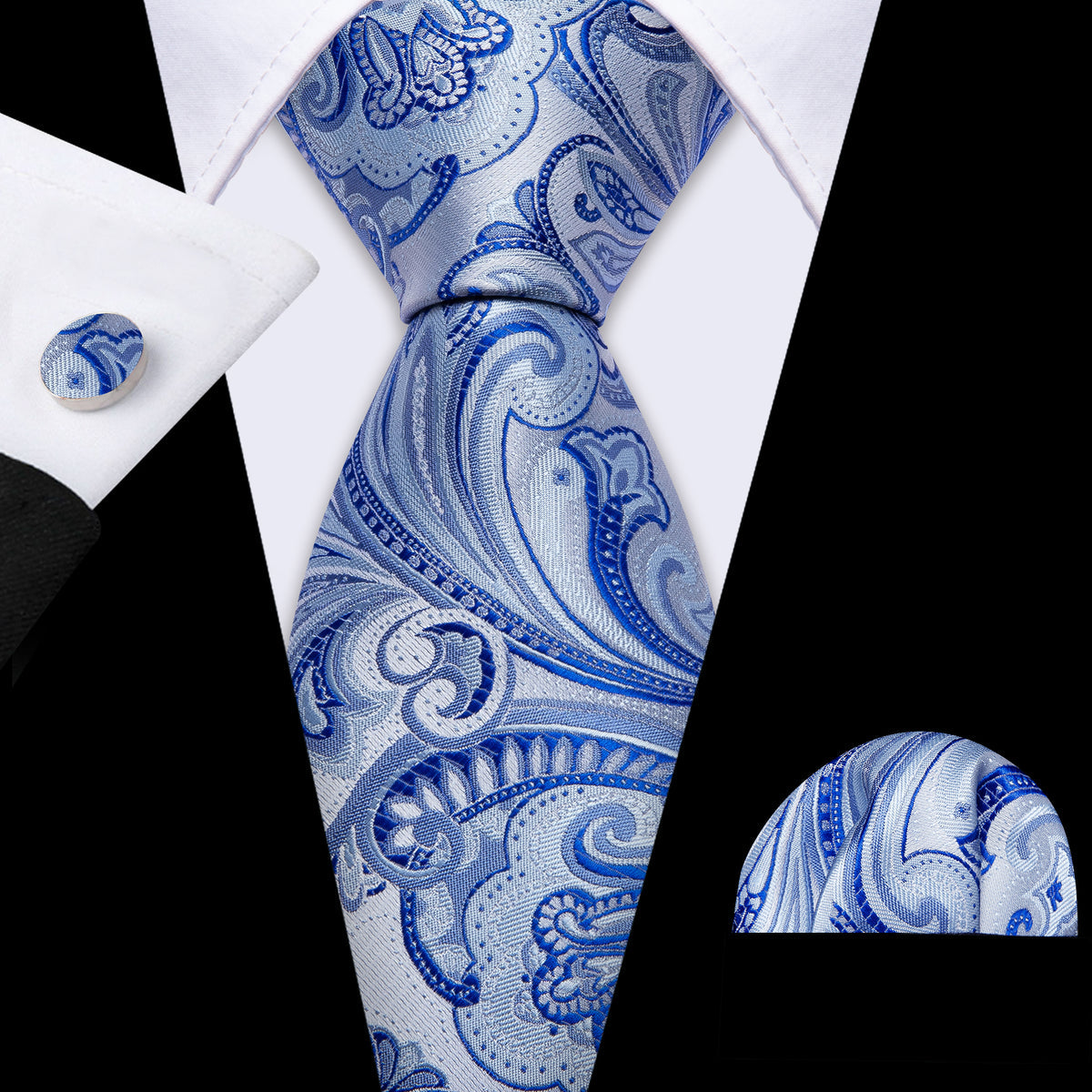 Light Blue Silver Paisley Silk Tie, Pocket Square and Cufflinks Set tie sets - Sophisticated Gentlemen