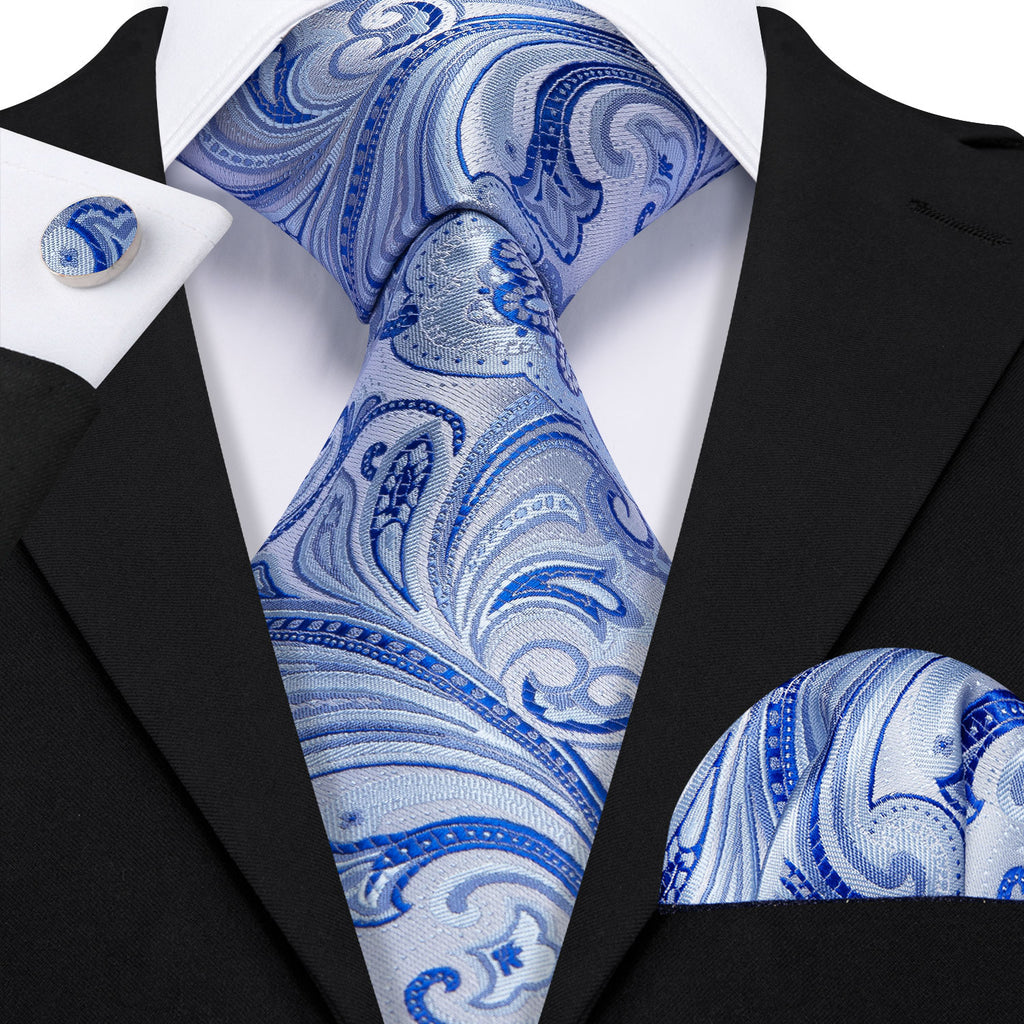 Light Blue Silver Paisley Silk Tie, Pocket Square and Cufflinks Set tie sets - Sophisticated Gentlemen