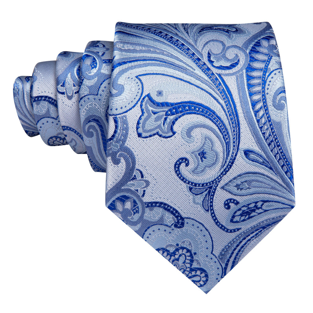 Light Blue Silver Paisley Silk Tie, Pocket Square and Cufflinks Set tie sets - Sophisticated Gentlemen
