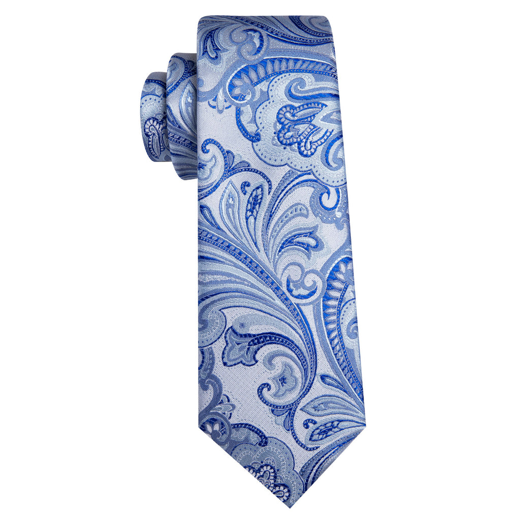 Light Blue Silver Paisley Silk Tie, Pocket Square and Cufflinks Set tie sets - Sophisticated Gentlemen