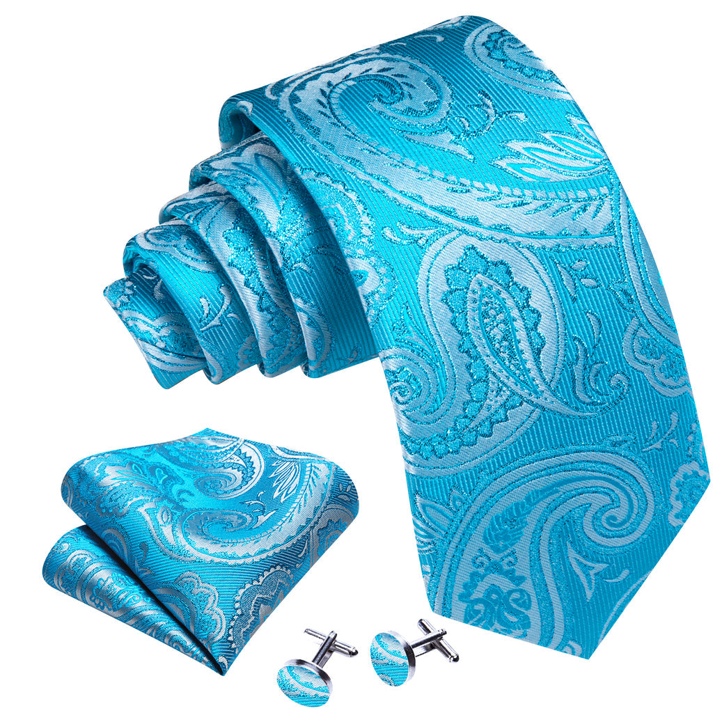Sky Blue Paisley Silk Tie, Pocket Square and Cufflinks Set tie sets - Sophisticated Gentlemen
