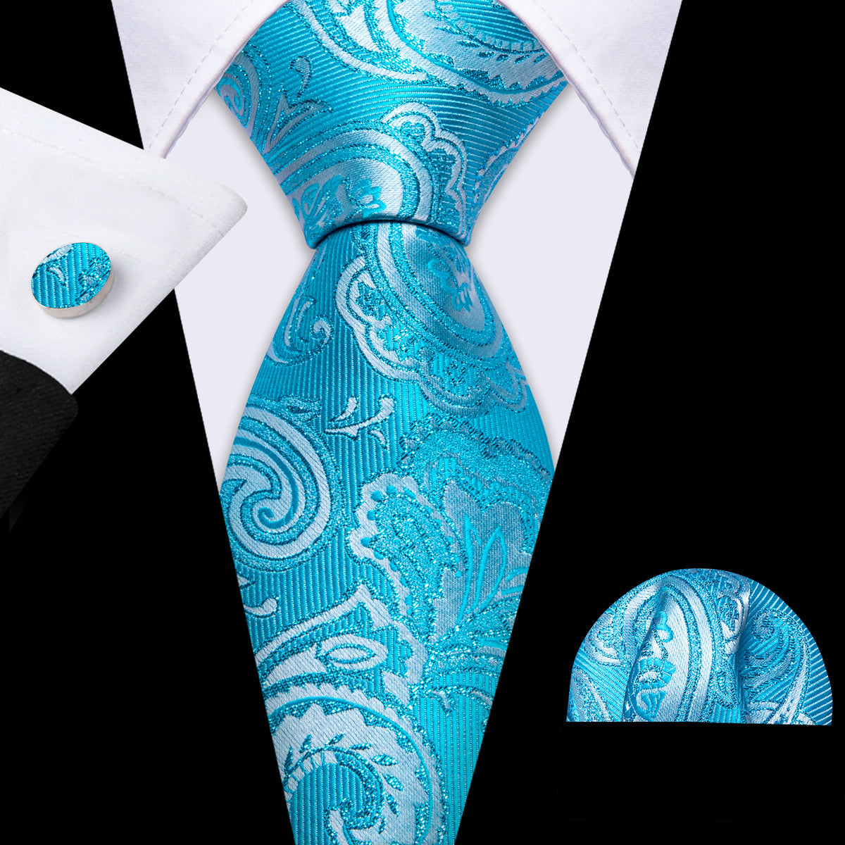 Sky Blue Paisley Silk Tie, Pocket Square and Cufflinks Set tie sets - Sophisticated Gentlemen