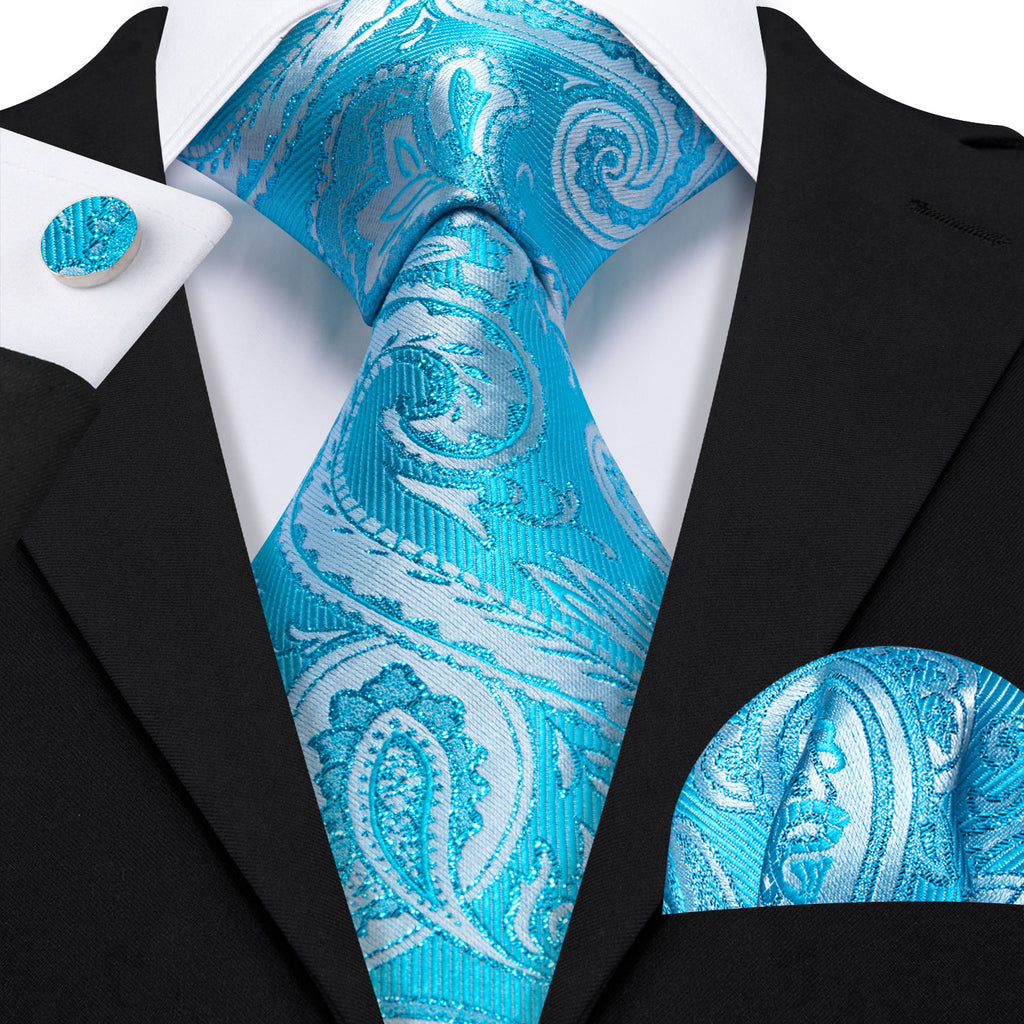 Sky Blue Paisley Silk Tie, Pocket Square and Cufflinks Set tie sets - Sophisticated Gentlemen