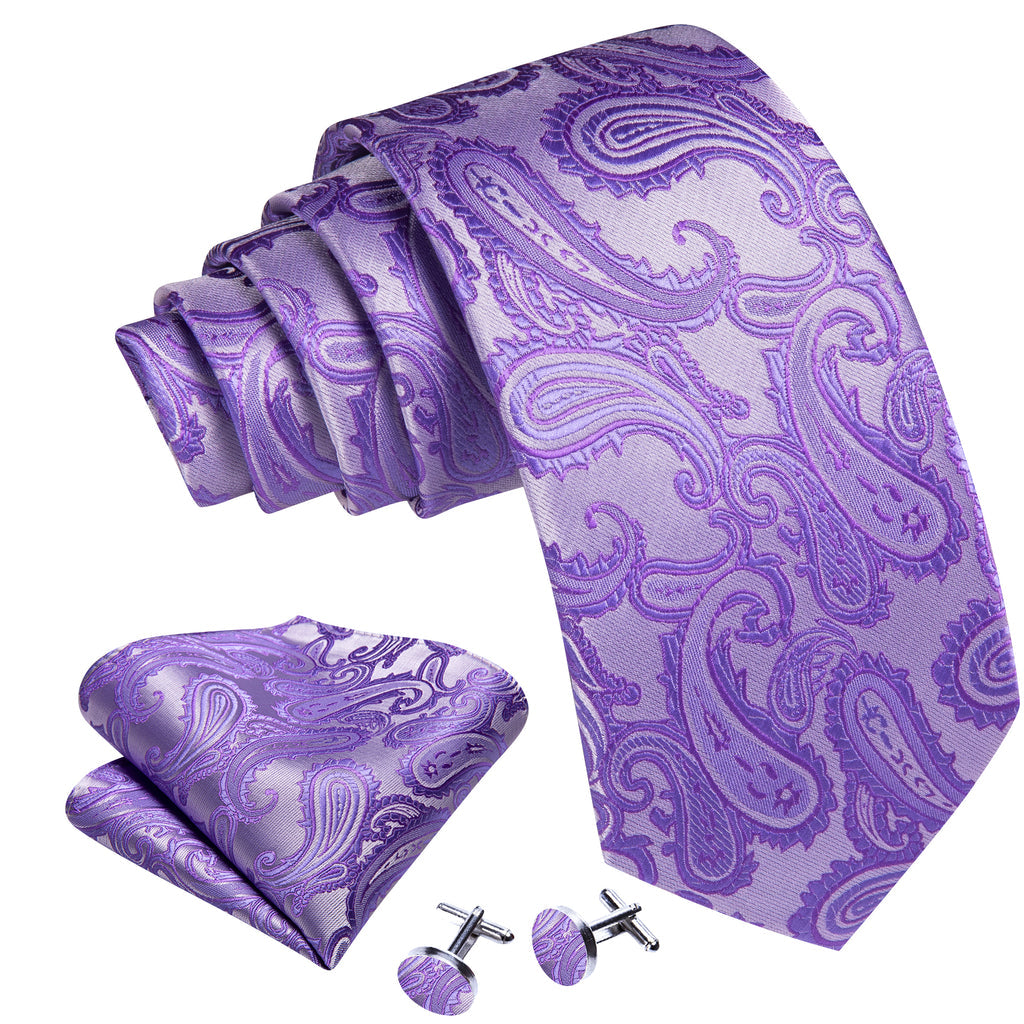 Lavender Purple Silver Paisley Tie, Pocket Square and Cufflinks Set tie sets - Sophisticated Gentlemen
