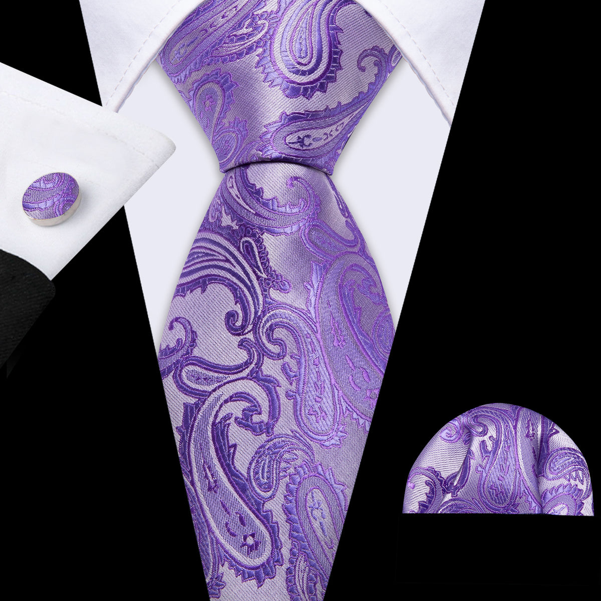 Lavender Purple Silver Paisley Tie, Pocket Square and Cufflinks Set tie sets - Sophisticated Gentlemen