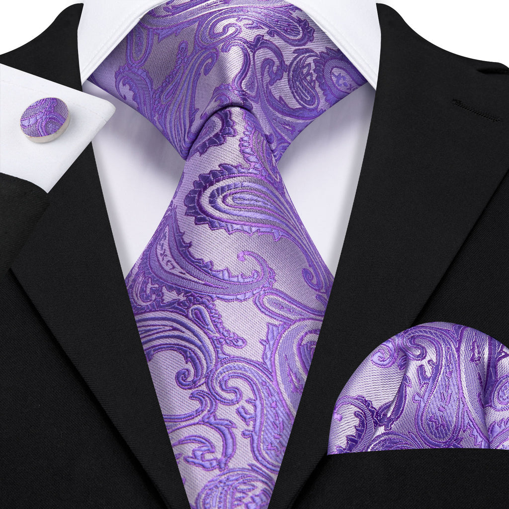 Lavender Purple Silver Paisley Tie, Pocket Square and Cufflinks Set tie sets - Sophisticated Gentlemen