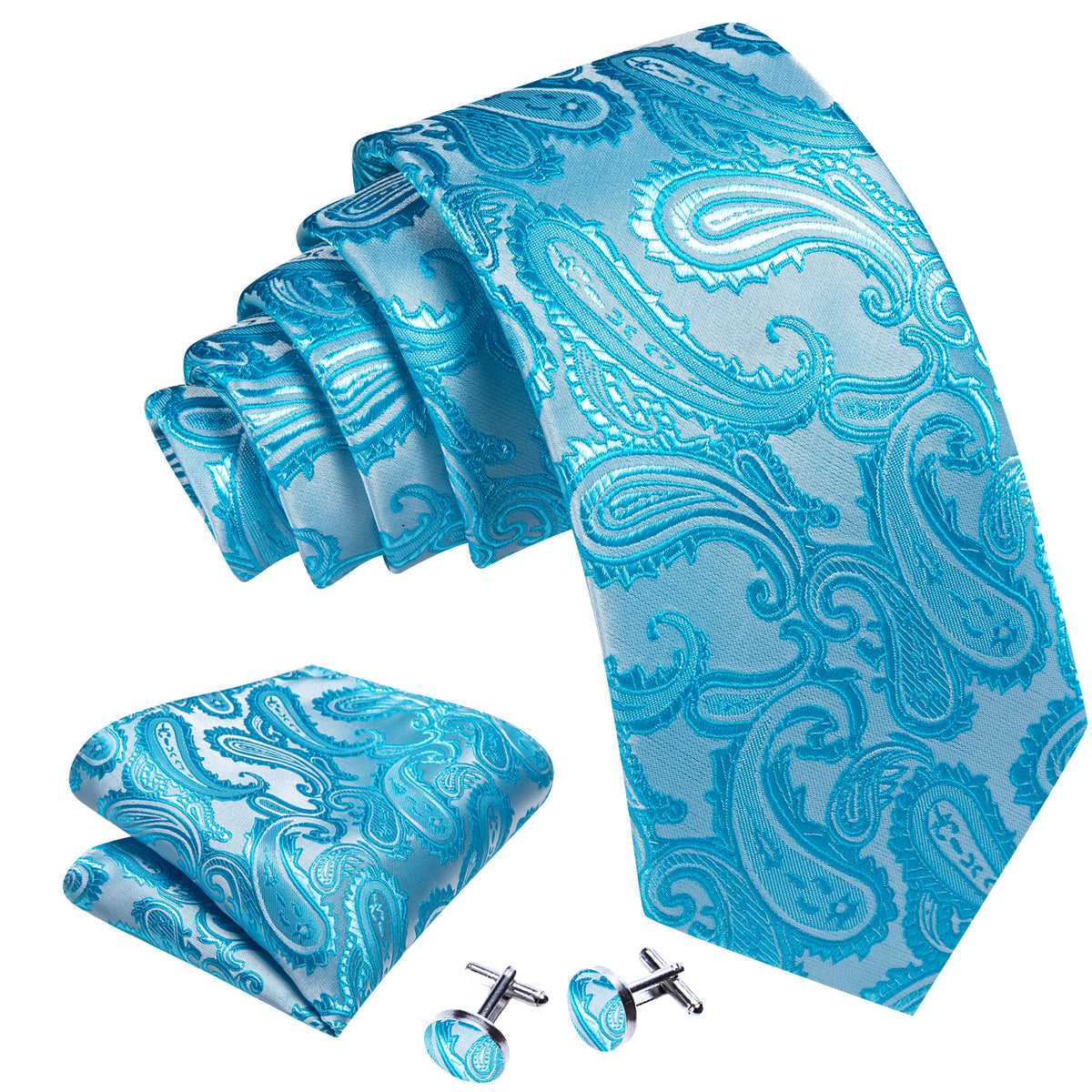 Pale Blue Silver Paisley Silk Tie, Pocket Square and Cufflinks Set tie sets - Sophisticated Gentlemen