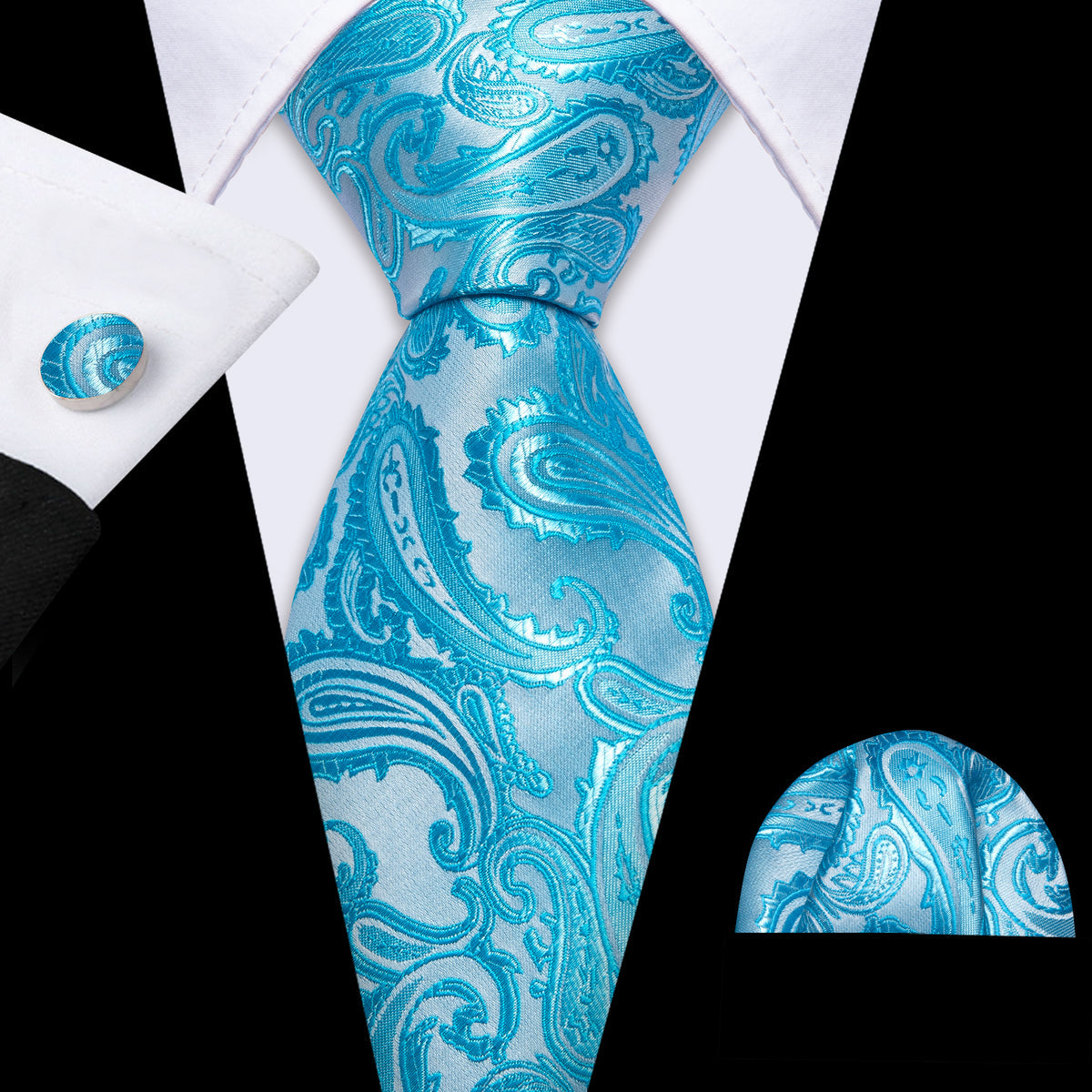 Pale Blue Silver Paisley Silk Tie, Pocket Square and Cufflinks Set tie sets - Sophisticated Gentlemen