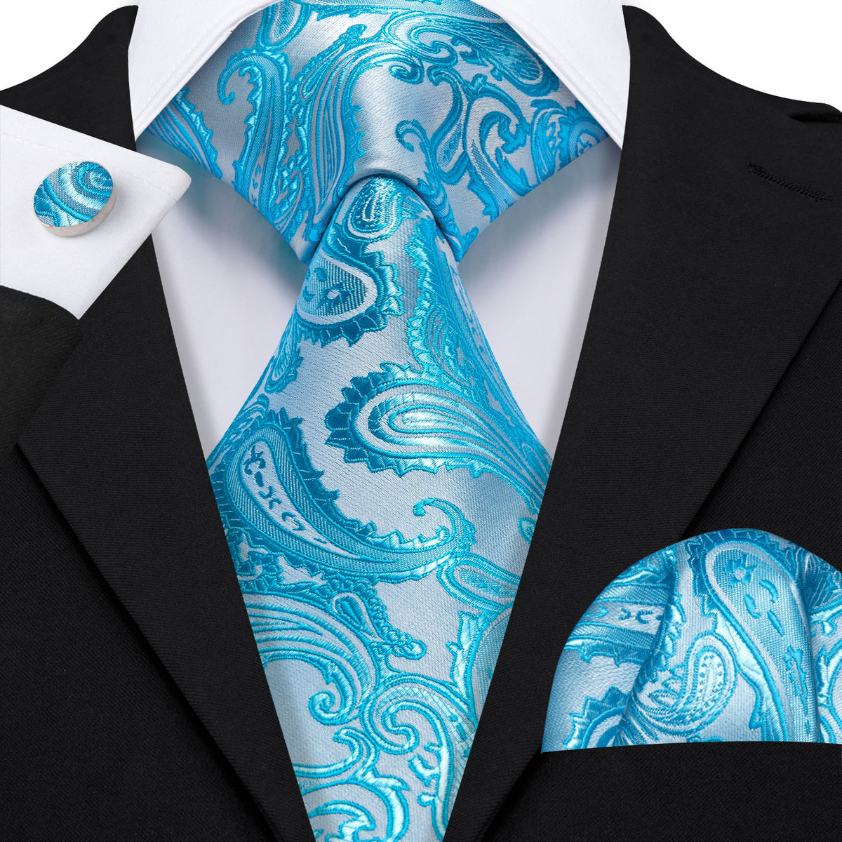 Pale Blue Silver Paisley Silk Tie, Pocket Square and Cufflinks Set tie sets - Sophisticated Gentlemen