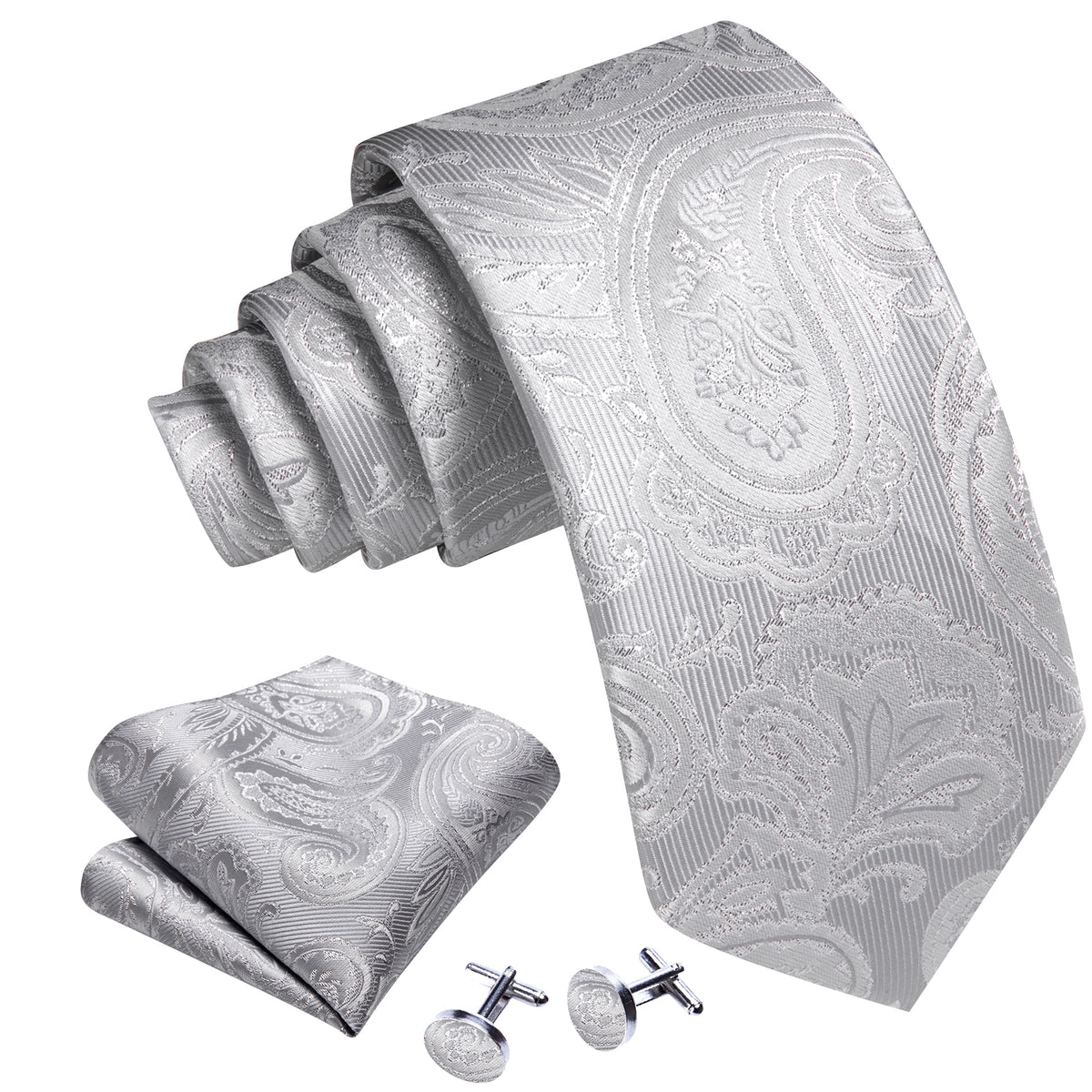Gray Paisley Silk Tie, Pocket Square and Cufflinks Set tie sets - Sophisticated Gentlemen