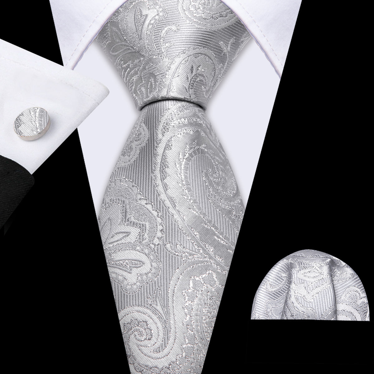 Gray Paisley Silk Tie, Pocket Square and Cufflinks Set tie sets - Sophisticated Gentlemen