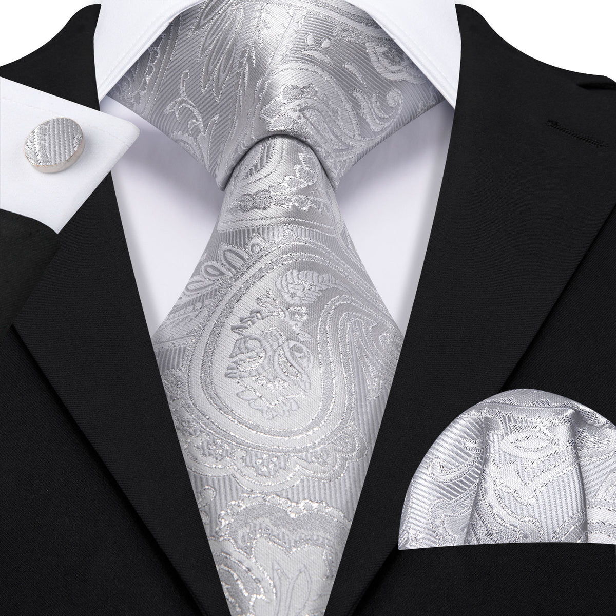 Gray Paisley Silk Tie, Pocket Square and Cufflinks Set tie sets - Sophisticated Gentlemen