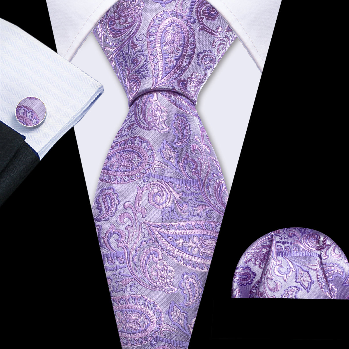 Light Purple Paisley Silk Tie, Pocket Square and Cufflinks Set tie sets - Sophisticated Gentlemen
