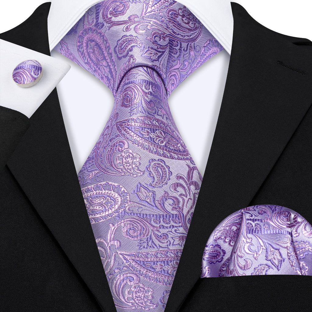 Light Purple Paisley Silk Tie, Pocket Square and Cufflinks Set tie sets - Sophisticated Gentlemen