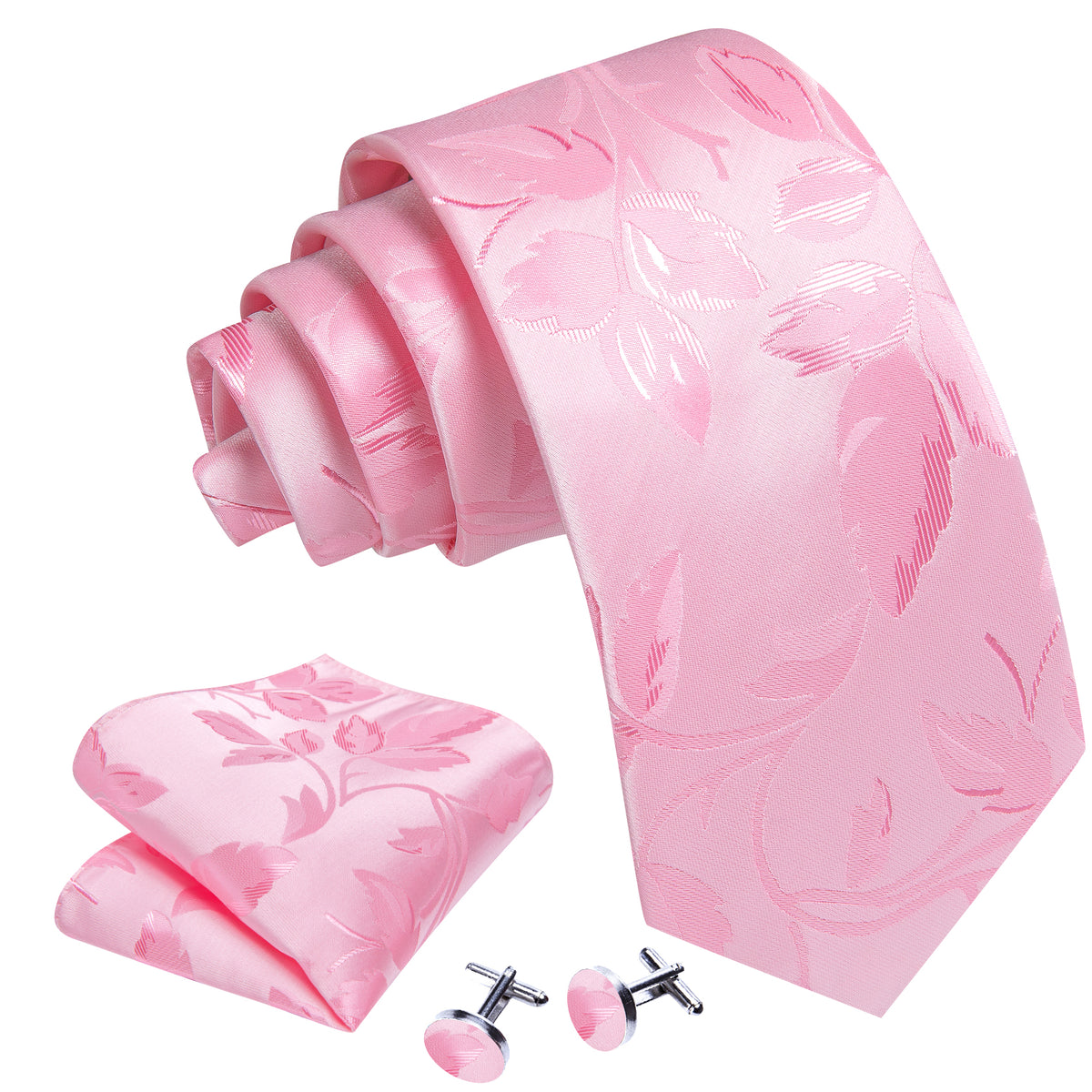 Pink Leaf Floral Silk Tie, Pocket Square and Cufflinks Set tie sets - Sophisticated Gentlemen