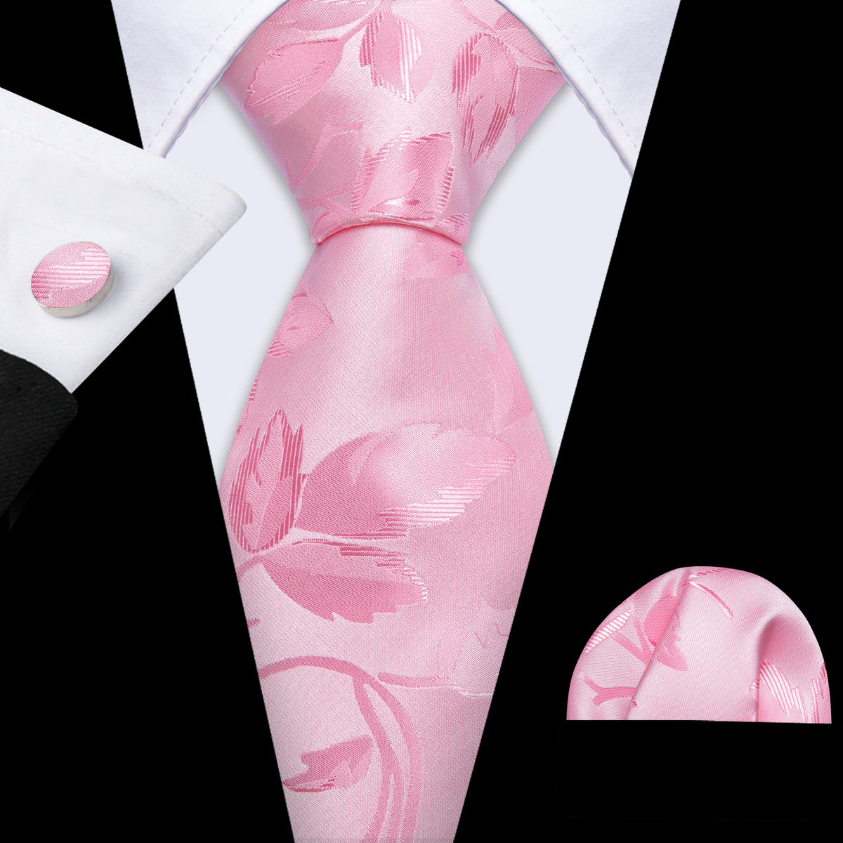 Pink Leaf Floral Silk Tie, Pocket Square and Cufflinks Set tie sets - Sophisticated Gentlemen