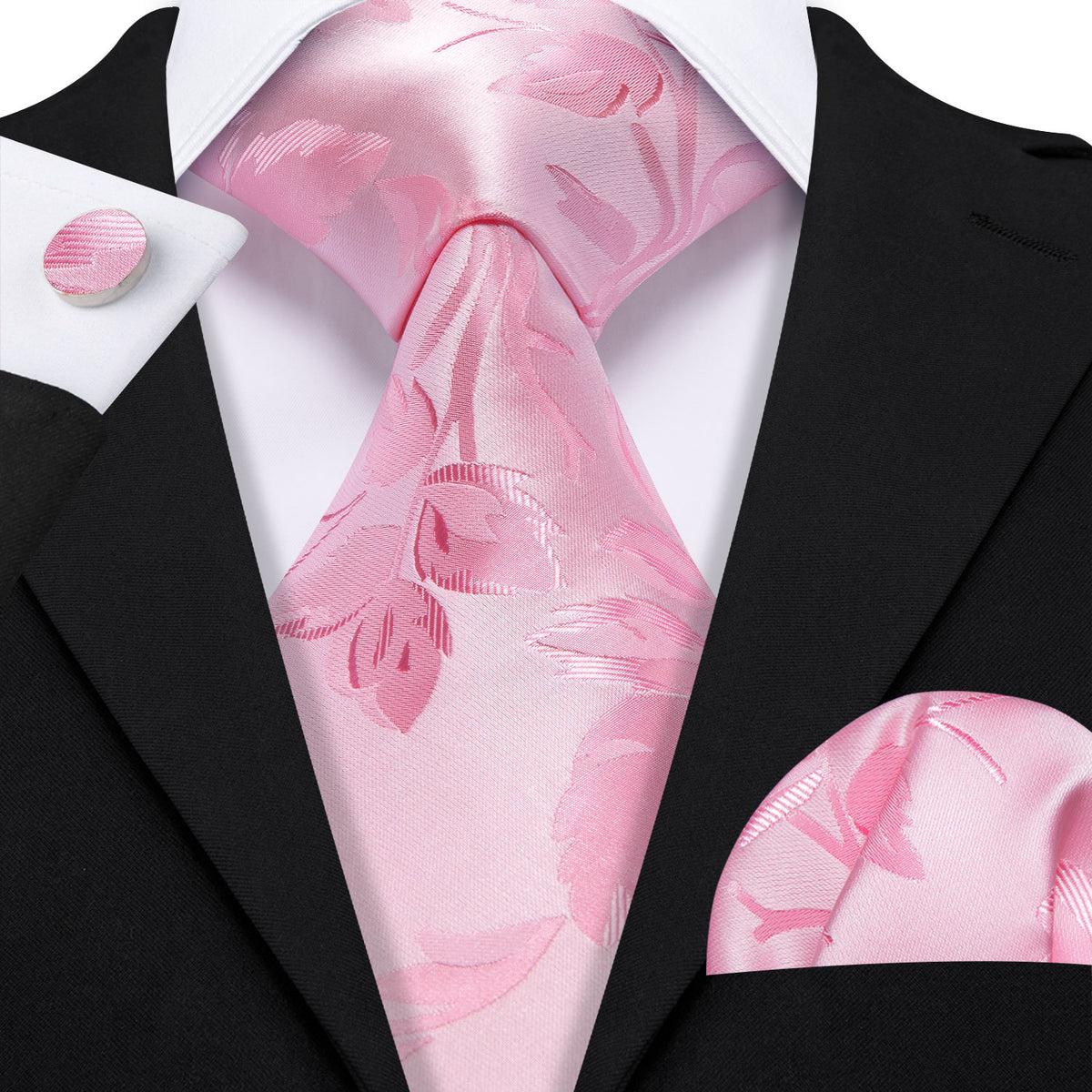 Pink Leaf Floral Silk Tie, Pocket Square and Cufflinks Set tie sets - Sophisticated Gentlemen