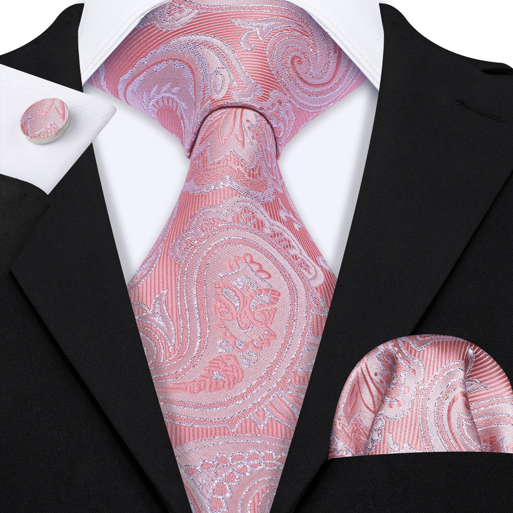 Pink Wedding Paisley Silk Tie, Pocket Square and Cufflinks Set tie sets - Sophisticated Gentlemen