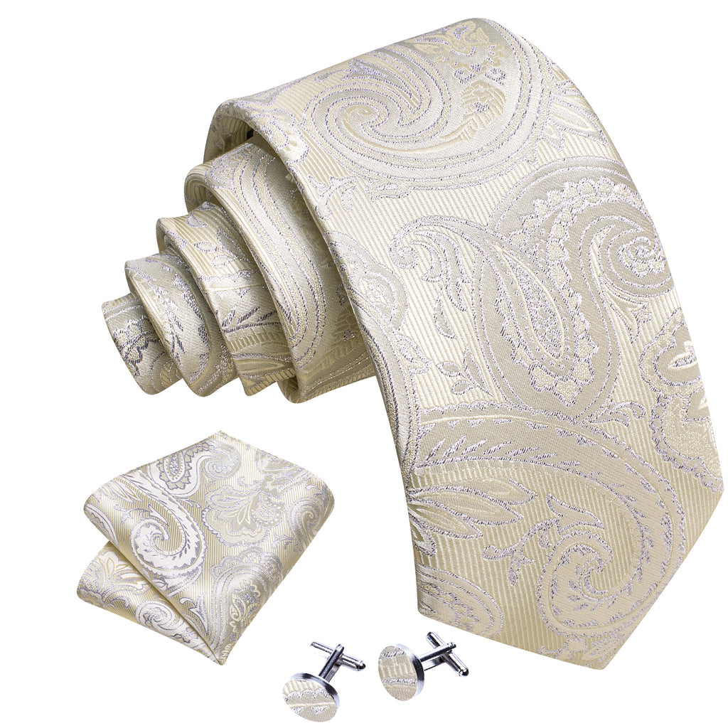 Light Yellow Silver Paisley Silk Tie, Pocket Square and Cufflinks Set tie sets - Sophisticated Gentlemen