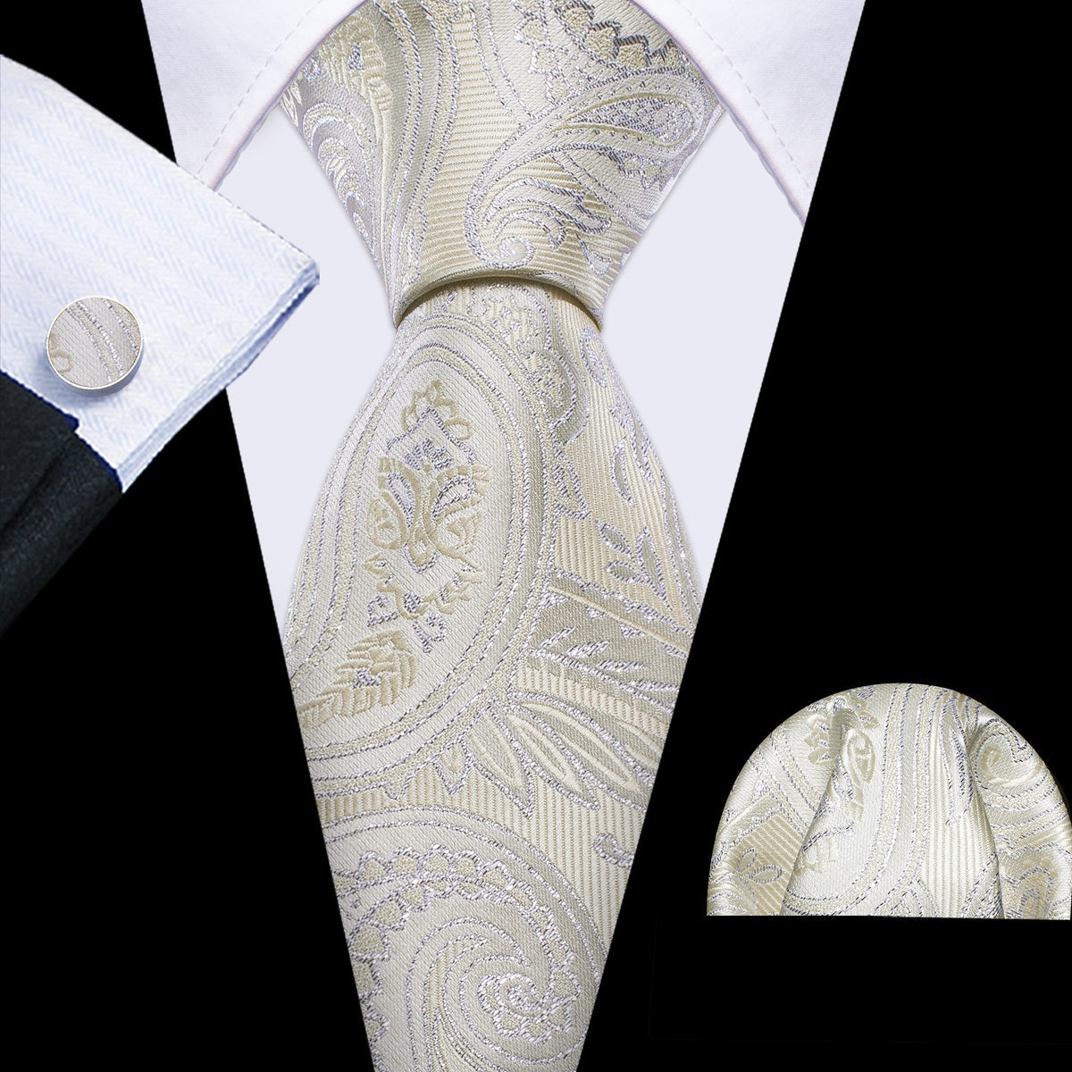 Light Yellow Silver Paisley Silk Tie, Pocket Square and Cufflinks Set tie sets - Sophisticated Gentlemen