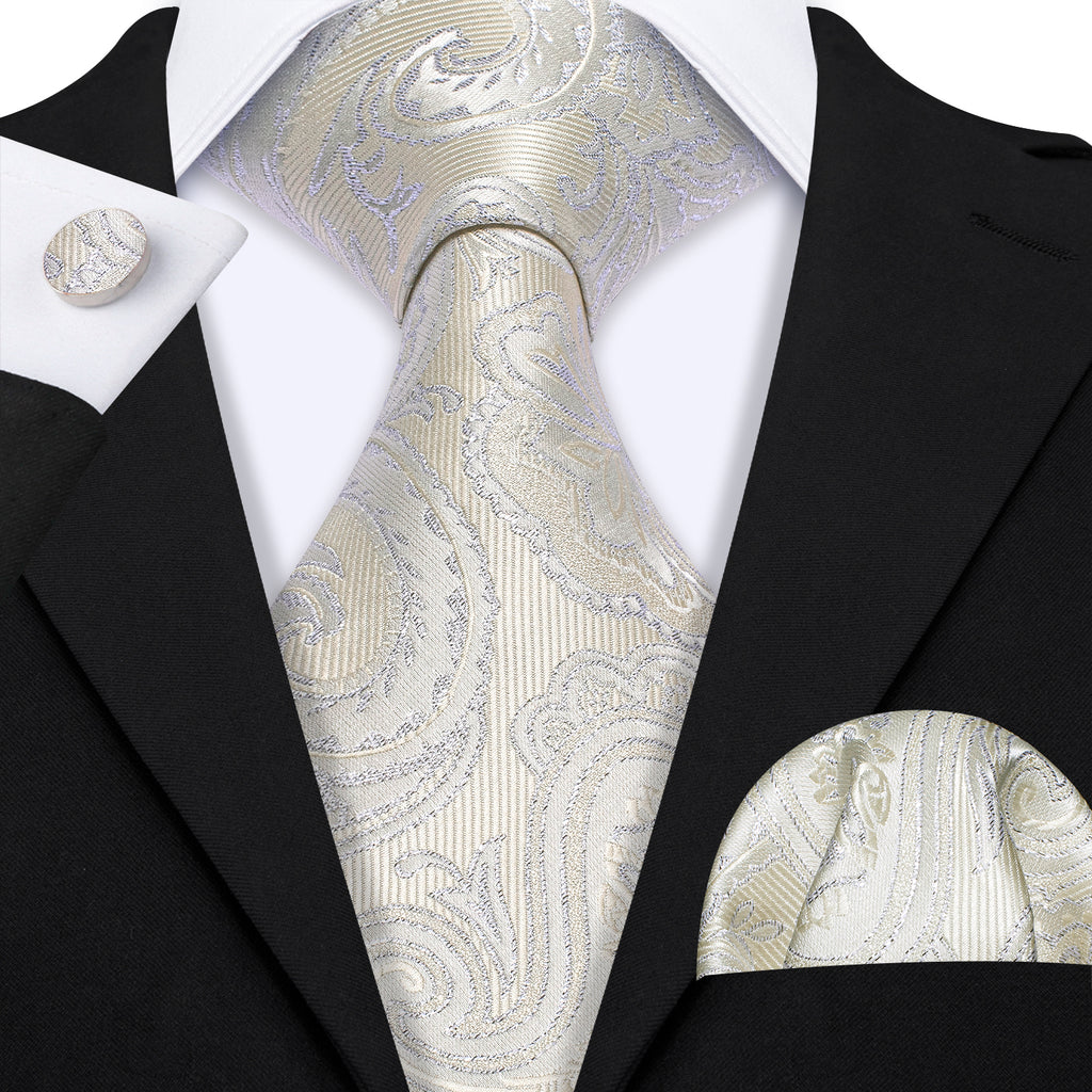 Light Yellow Silver Paisley Silk Tie, Pocket Square and Cufflinks Set tie sets - Sophisticated Gentlemen